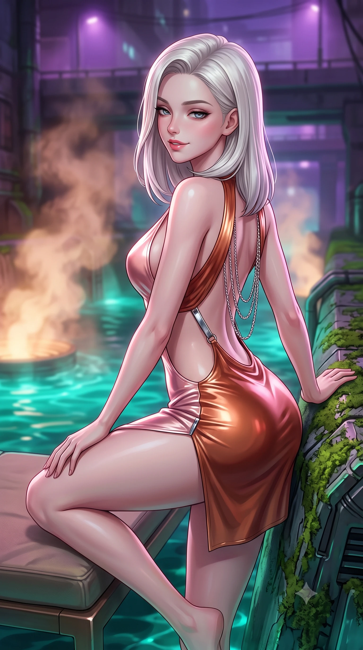 score_9, masterpiece, best quality, ultra-detailed, high-budget anime keyframe, semi-realistic 3D game render, editorial fashion photography, tasteful artistic composition, Caucasian woman. close-up cowboy shot from the waist and thighs up, the character dominates the composition, filling the frame with her large presence. perched sideways on the lounge seat, one knee drawn up to showcase her slender leg line while her arched back accentuates her feminine hip curve while leaning against the moss-covered cybernetic embankment with hips cocked back, looking upstream through rising steam plumes with heavy-lidded bedroom-eyes. The background shows a soft-focus swirling warm steam from canal vents softened in subterranean urban waterway shallow focus. She has an exceptionally elegant, slender, and willowy female figure with an ultra-slim waist, flat toned midriff, narrow ribcage, and sculpted feminine hips creating an alluring, slim hourglass silhouette without bulk. sharp v-shaped jawline, high-bridge nose, intricate jewel-like sparkling eyes with depth, thick eyelashes, glossy parted lips with a natural peach sheen, bright cheerful beaming smile with an enchanting and coquettish sensual glint, exuding both youthful cute charm and seductive allure, flawlessly proportioned anatomical accuracy, strict slender model proportions, natural body alignment, perfectly sculpted long slender limbs, ultra-slim waistline, clean dynamic posture without body distortion. wearing a provocative open-waist cutout mini dress framed by polished chrome hardware and thigh-high slit in high-gloss rose-gold and burnished copper, made of fluid liquid jersey with seamless sculpting hold and smooth contours, accented with an open-back drape framed by falling strands of delicate chrome chains, the bespoke structured tailoring following the natural line of her 8.5-heads silhouette with refined elegance. bathed in vivid emerald-cyan underwater LEDs combined with ambient violet floodlights from the highway bridges. highly saturated vibrant anime colors, detailed shading with soft gradients, rich glossy textures, high-contrast stereoscopic depth, volumetric dynamic lighting, master piece, 9:16 ratio