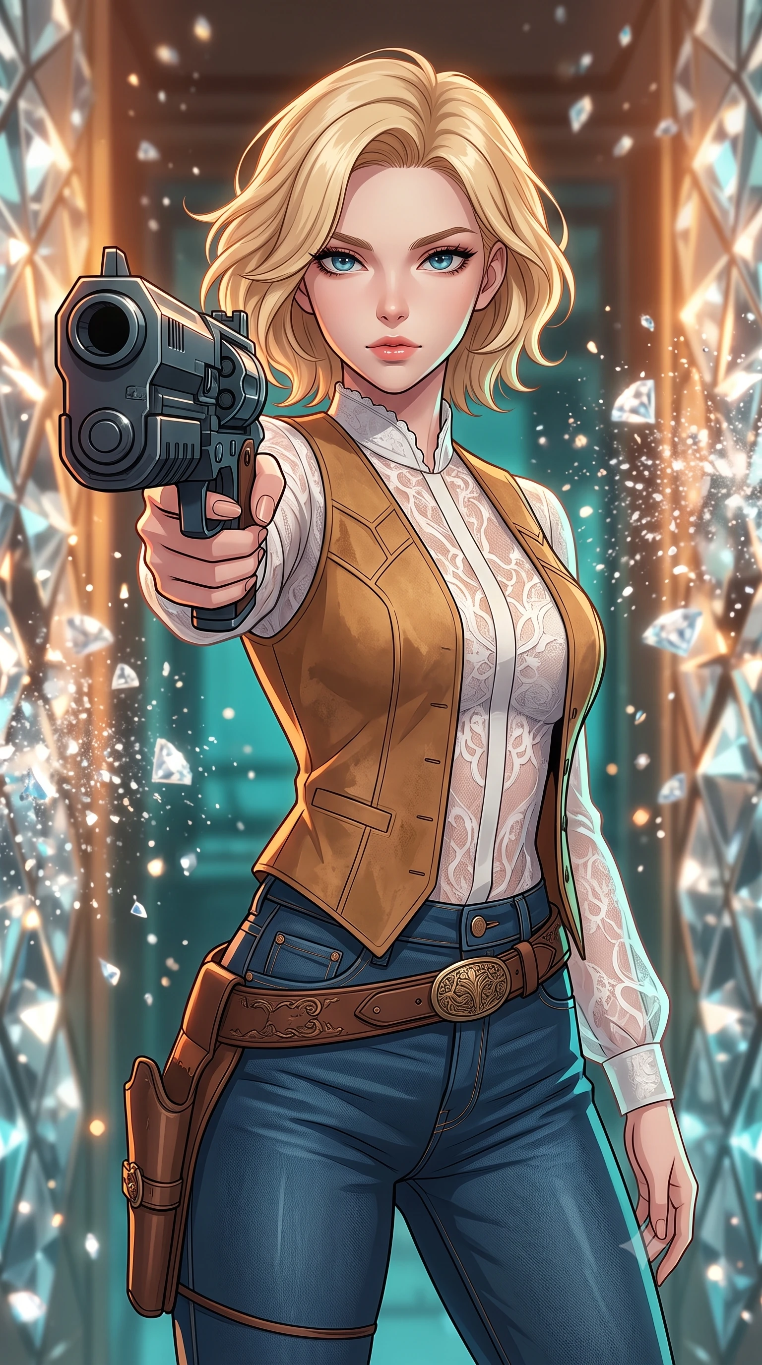 score_9, masterpiece, best quality, ultra-detailed, high-budget anime keyframe, clean line-art, cel-shading, Caucasian woman, strictly human ears. close-up cowboy shot from the waist and thighs up, the character dominates the composition, filling the frame with her large presence, background elements kept in soft focus. Pointing a weapon directly past the lens with a calm, dominant gaze of superiority. set against a soft-focus background of a room lined with diamond walls that are fracturing under high pressure, shooting diamond dust into the air. She has an exceptionally elegant and slender, willowy female figure with an ultra-slim waist, a gracefully sculpted slender torso, and a refined slim physique. sharp v-shaped jawline, high-bridge nose, intricate jewel-like eyes with depth, thick eyelashes, glossy lips with a natural sheen. wearing tailored for maximum mobility, sleek form-contouring panels that allow fluid movement, a form-contouring sheer white lace blouse layered under a camel suede vest, paired with high-waisted dark blue jeans. warm amber rim lighting combined with cool teal fill light creating dramatic contrast. highly saturated vibrant anime colors, intense vivid color palette, volumetric dynamic lighting, 2k, ultra detail, master piece, 9:16 ratio