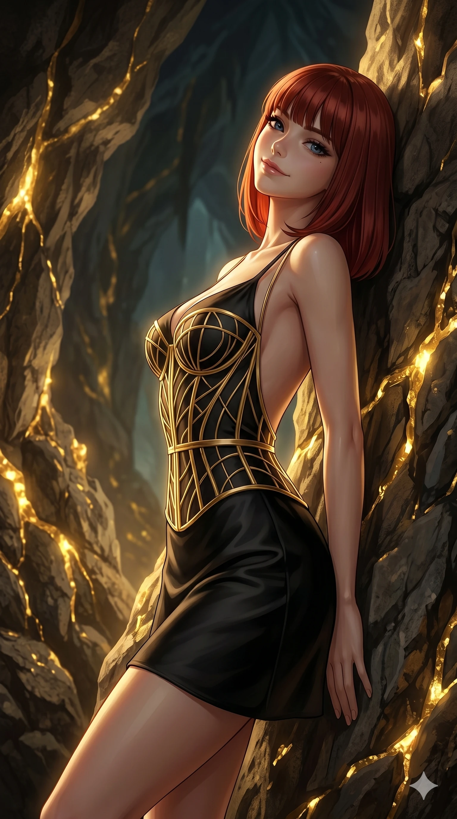score_9, masterpiece, best quality, ultra-detailed, high-budget anime keyframe, editorial fashion photography, tasteful artistic composition, Caucasian woman, strictly human ears. cowboy shot from the thighs up, character and outfit filling the frame for maximum editorial presence. leaning back against the rock face, tilting her head back with a playful, teasing smile in a secret cavern filled with glowing golden mineral veins (Code-P16-058). She has an absolutely perfect 8-heads proportion, an exceptionally tall and slender female figure with impossibly long slender legs and an ultra-slim waist. V-shaped jawline, high-bridge nose, intricate jewel-like eyes with depth, thick eyelashes, glossy lips with a natural sheen. wearing a structured gold wire corset over a black silk slip dress with a scooped open back. golden light emanating from the mineral veins, creating a dramatic chiaroscuro effect. 2k, ultra detail, master piece, 9:16 ratio