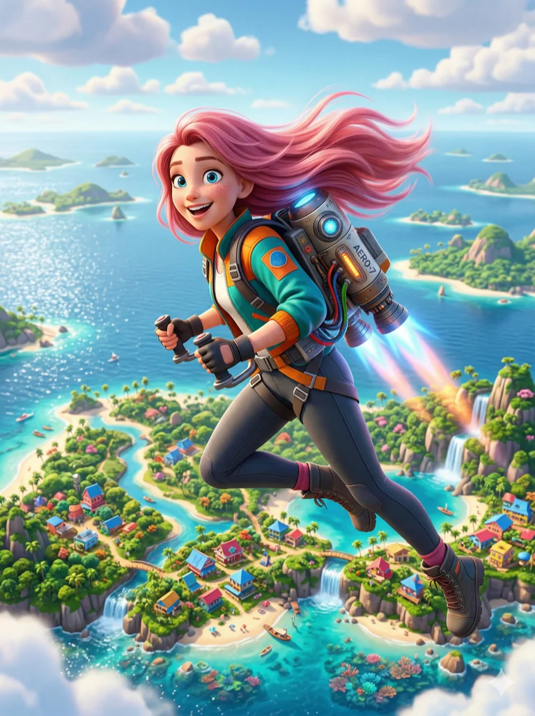 (masterpiece:1.2), best quality, highres, (3D animation:1.2), beautiful girl, pink hair, (jetpack:1.1), flying over colorful islands, Pixar style, 2k, ultra detail, 3:4 ratio