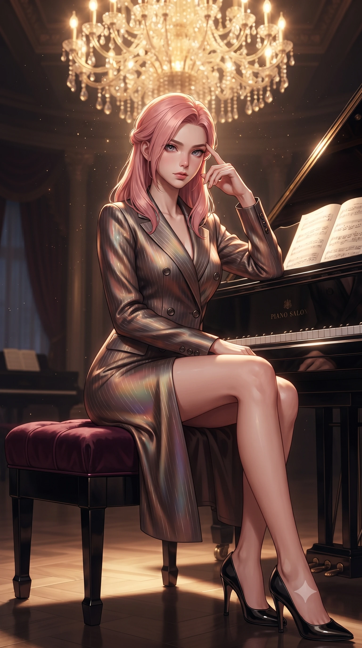 score_9, masterpiece, best quality, ultra-detailed, high-budget anime keyframe, editorial fashion photography, tasteful artistic composition, Japanese woman. close-up cowboy shot from the waist and thighs up, the character dominates the composition, filling the frame with her large presence, background elements kept in soft focus. Pressing two fingers to her temple in a composed thoughtful gesture with an air of magnetic charisma sitting gracefully on a velvet piano bench under a majestic chandelier glow, golden dust particles dancing gracefully in the beam of key light. She has an exceptionally elegant, slender, and willowy female figure with an ultra-slim waist, a gracefully sculpted slender torso, and a refined silhouette. sharp v-shaped jawline, high-bridge nose, intricate jewel-like eyes with depth, thick eyelashes, glossy lips with a natural sheen. wearing a double-breasted blazer dress with metallic pin-stripes in espresso brown and warm cream, crafted from iridescent chiffon that shifts colors in the light, finished with a sleek side slit ascending to mid-thigh, the sleek second-skin texture accentuating her magnetic presence. illuminated by warm chandelier glow reflecting off polished black wood. ultra-reflective glossy finish, specular highlights, metallic sheen, high-contrast stereoscopic depth, volumetric dynamic lighting, 2k, ultra detail, master piece, 9:16 ratio