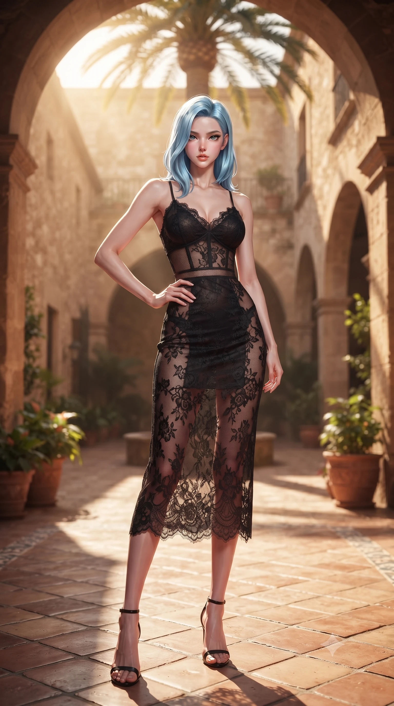 score_9, masterpiece, best quality, ultra-detailed, high-budget anime keyframe, editorial fashion photography, tasteful artistic composition, Korean woman woman. low angle full-body shot from head to toe showing her feet, filling the entire 9:16 vertical frame with her statuesque presence, stretching her vertical silhouette. posing confidently with one hand on her hip, stretching her statuesque body to emphasize her curves the background shows a soft-focus a courtyard of an old Spanish hacienda with a large arched corridor and central palm tree. She has an absolutely perfect, statuesque 8.5-heads proportion, an exceptionally tall and slender model-like female figure with impossibly long slender legs and an ultra-slim waist. sharp v-shaped jawline, high-bridge nose, intricate jewel-like eyes with depth, thick eyelashes, glossy lips with a natural sheen. wearing a body-hugging sheer lace slip dress in black, featuring a semi-transparent mesh panels along the waist. warm afternoon sunbeams creating a peaceful, historical atmosphere. ultra-reflective glossy finish, specular highlights, metallic sheen, high-contrast stereoscopic depth, volumetric dynamic lighting, 2k, ultra detail, master piece, 9:16 ratio