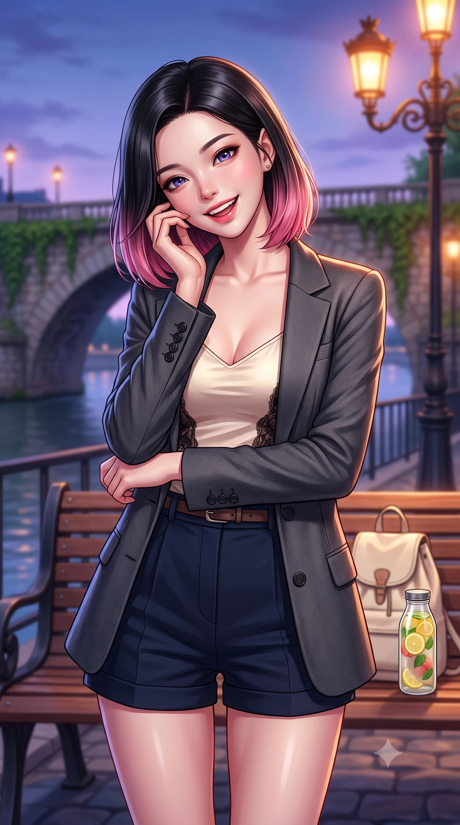 score_9, masterpiece, best quality, ultra-detailed, high-budget anime keyframe, editorial fashion photography, tasteful artistic composition, Korean woman. close-up cowboy shot from the waist and thighs up, the character dominates the composition, filling the frame with her large presence, background elements kept in soft focus. laughing softly with a charming expression, tilting her head cutely to the side set against a soft-focus background of next to a scenic river bridge with stone arches and green ivy vines with a cute canvas backpack and a bottle of fruit water on the bench. She has an exceptionally elegant, slender, and willowy female figure with an ultra-slim waist, a gracefully sculpted slender torso, and a refined silhouette. sharp v-shaped jawline, high-bridge nose, intricate jewel-like eyes with depth, thick eyelashes, glossy lips with a natural sheen. wearing form-contouring delicate silk camisole with lace panels and a tailored blazer worn open over form-contouring shorts. cool twilight sky glow contrasting with the warm orange light of streetlamps. highly saturated vibrant anime colors, detailed shading with soft gradients, rich glossy textures, high-contrast stereoscopic depth, volumetric dynamic lighting, master piece, 9:16 ratio