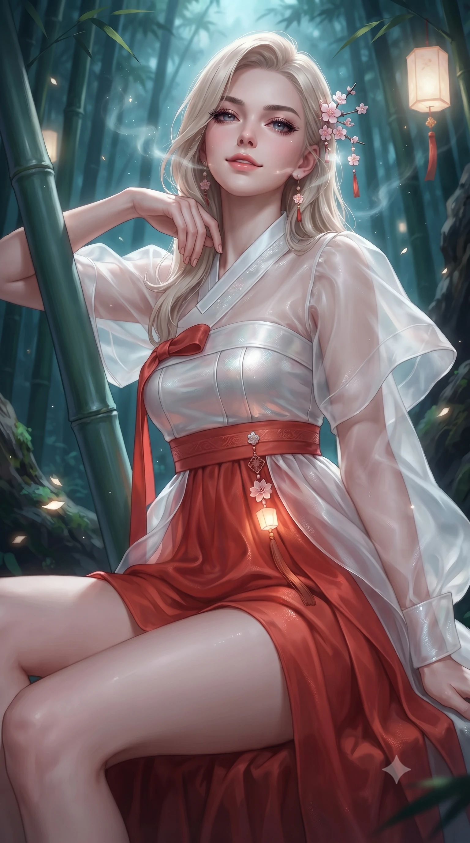 score_9, masterpiece, best quality, ultra-detailed, high-budget anime keyframe, editorial fashion photography, tasteful artistic composition, Caucasian woman. close-up cowboy shot from the waist and thighs up, the character dominates the composition, filling the frame with her large presence. tilting her chin up with proud, sovereign confidence while gazing directly into the lens with thick, dark eyelashes while resting against a smooth bamboo trunk with a playful, enigmatic smile as spirit wisps illuminate her lovely face. The surrounding environment is rendered in vivid detail and crisp panoramic clarity. deep mystical forest chiaroscuro and sacred woodland spirit sanctuary aesthetics rendered in precision. She has an exceptionally elegant, slender, and willowy female figure with an ultra-slim waist, a gracefully sculpted slender torso, toned flat midriff, and a refined slim silhouette. sharp v-shaped jawline, high-bridge nose, intricate jewel-like eyes with depth, thick eyelashes, glossy lips with a natural sheen, captivating and magnetic expression, flawlessly proportioned anatomical accuracy, strict slender model proportions, natural body alignment, perfectly sculpted long slender limbs, ultra-slim waistline, clean dynamic posture without body distortion. wearing a modern fusion silk hanbok dress with sheer organza butterfly sleeves and a structured mother-of-pearl bodice in pure snow white and vermilion red, crafted from traditional Korean gossamer silk organza with pearlescent luster, accessorized with delicate cherry blossom hairpins and glowing paper lantern charms, the breezy yet form-flattering drape swaying gracefully with her steps, accentuating her long willowy limbs and slim waistline. illuminated by ethereal glow highlighting her sculpted collarbones, waistline, and slender silhouette. ultra-reflective glossy finish, specular highlights, rich textural contrasts, high-contrast stereoscopic depth, volumetric dynamic lighting, 2k, ultra detail, master piece, 9:16 ratio