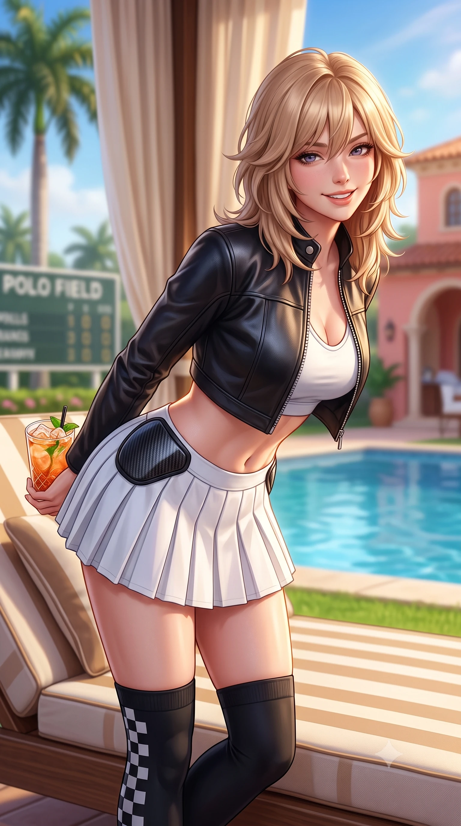 score_9, masterpiece, best quality, ultra-detailed, high-budget anime keyframe, semi-realistic 3D game render, editorial fashion photography, tasteful artistic composition, Japanese woman. close-up cowboy shot from the waist and thighs up, the character dominates the composition, filling the frame with her large presence. resting both hands lightly behind her back while leaning toward the lens with a cheerful, teasing grin, her form-fitting athletic suit hugging her narrow waist and hip curve while lounging in a poolside striped cabana daybed with one knee bent, holding an iced cocktail with effortless Palm Beach old-money coolness. The background shows a soft-focus soaring Royal Palms, polo field scoreboards, and Mediterranean revival terracotta clubhouses blurred into coral pink, emerald, and sky-blue bokeh. She has an exceptionally elegant, slender, and willowy female figure with an ultra-slim waist, flat toned midriff, narrow ribcage, and sculpted feminine hips creating an alluring, slim hourglass silhouette without bulk. sharp v-shaped jawline, high-bridge nose, sparkling eyes with athletic focus and depth, thick curled eyelashes, glossy parted lips with a natural coral-peach sheen, bright confident and coquettish smile with alluring bedroom-eyes, exuding both youthful sporty vigor and sovereign high-society glamour, flawlessly proportioned anatomical accuracy, strict slender model proportions, natural body alignment, perfectly sculpted long slender limbs, ultra-slim waistline, clean dynamic posture without body distortion. wearing a cropped zip-front racing leather bolero jacket paired with a micro-pleated white tennis mini-skirt and thigh-high sports socks in matte obsidian black and checkered flag white, tailored from ultra-soft fine cashmere yarn with an airy athletic drape, accented with sleek aerodynamic carbon-fiber hip pads framing her narrow waist, the liquid-tight tailored fabric clinging flawlessly to her narrow waist and rounded feminine hips, emphasizing every millimeter of her sculpted slim hourglass curves without any bulky heaviness. illuminated by green lawn bounce fill and sharp warm-gold rim lights defining her sculpted collarbones, ultra-slim waist, and curvy hips. highly saturated vibrant anime colors, detailed shading with soft gradients, rich glossy textures, high-contrast stereoscopic depth, volumetric dynamic lighting, master piece, 9:16 ratio