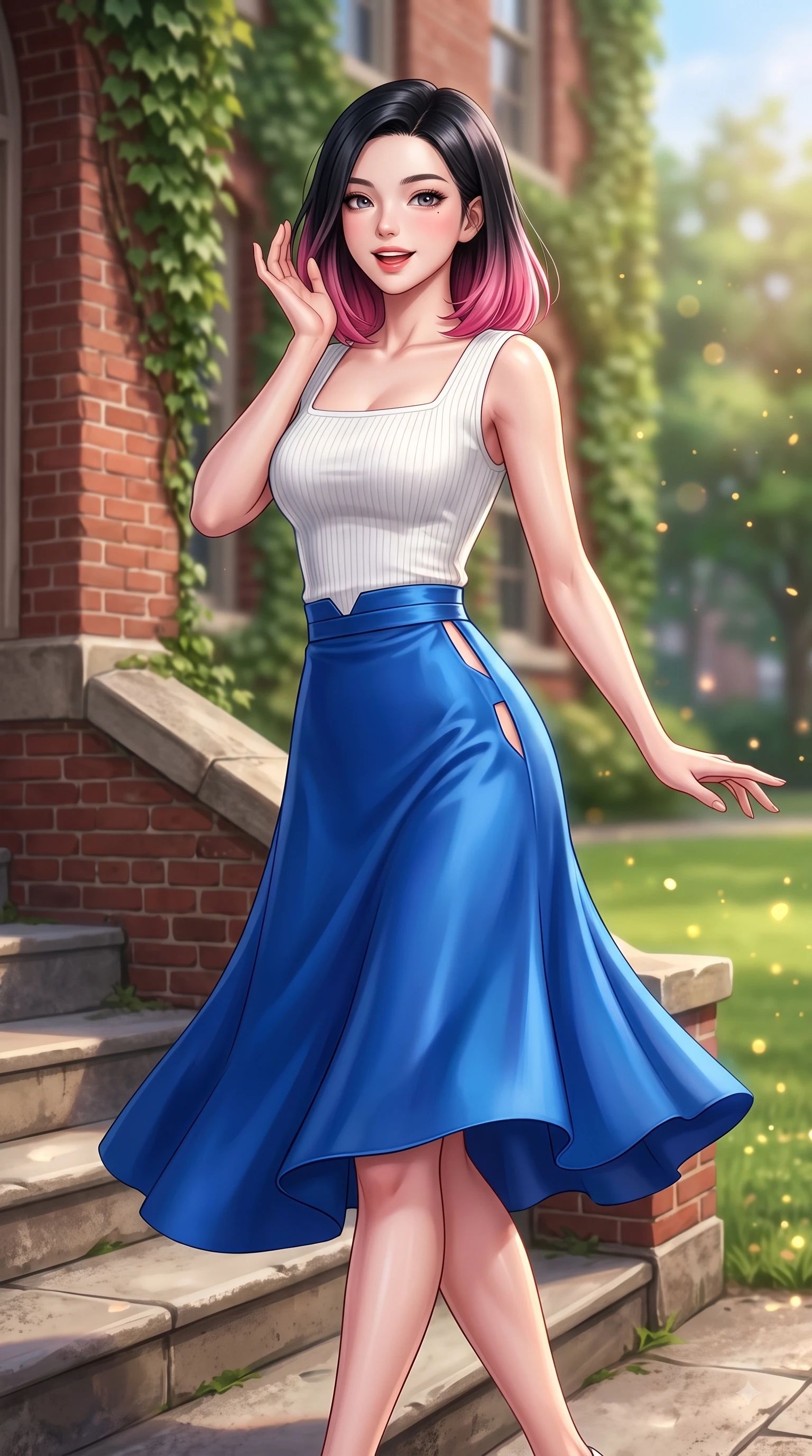 score_9, masterpiece, best quality, ultra-detailed, high-budget anime keyframe, editorial fashion photography, tasteful artistic composition, Korean woman. close-up cowboy shot from the waist and thighs up, the character dominates the composition, filling the frame with her large presence. Playful cute expression with a warm smile and parted lips, looking right into the camera with vibrant energy while pivoting dynamically on the stone steps of a red-brick ivy-draped hall with youthful grace. The composition keeps background elements in soft focus with dreamy bokeh. lush quad lawns scattering golden sun motes into a smooth, dreamy backdrop. She has an exceptionally elegant, slender, and willowy female figure with an ultra-slim waist, a gracefully sculpted slender torso, and a refined silhouette. sharp v-shaped jawline, high-bridge nose, intricate jewel-like eyes with depth, thick eyelashes, glossy lips with a natural sheen, flawlessly proportioned anatomical accuracy, natural body alignment, perfectly sculpted elegant limbs, clean dynamic posture without body distortion. wearing a chic square-neck ribbed top paired with a flowing A-line midi skirt in vibrant cobalt blue and crisp snow white, crafted from smooth liquid silk satin, complemented by clean architectural cutouts along her slender torso, the tailored fabric tightly following every curve of her athletic build. surrounded by an uplifting, fresh, and youthful academic ambiance. highly saturated vibrant anime colors, detailed shading with soft gradients, rich glossy textures, high-contrast stereoscopic depth, volumetric dynamic lighting, master piece, 9:16 ratio