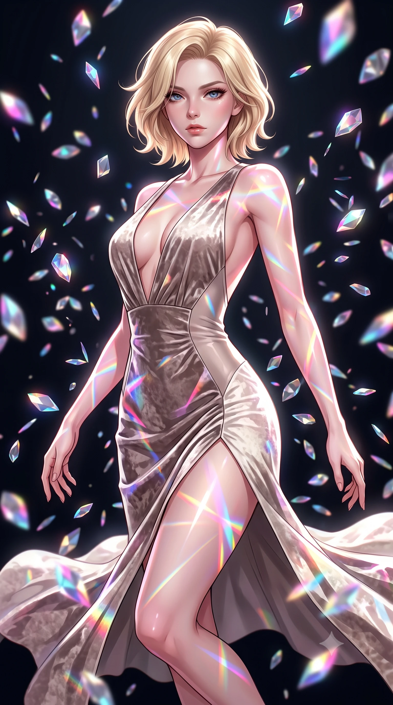 score_9, masterpiece, best quality, ultra-detailed, high-budget anime keyframe, editorial fashion photography, tasteful artistic composition, Caucasian woman. close-up cowboy shot from the waist and thighs up, the character dominates the composition, filling the frame with her large presence, background elements kept in soft focus. Gazing past the lens with composed intensity as her torso curves dynamically in mid-motion while floating dynamically in a high-contrast void surrounded by suspended prismatic mirror petals, a kaleidoscope of refractions forming geometric laser patterns across her form. She has an exceptionally elegant, slender, and willowy female figure with an ultra-slim waist, a gracefully sculpted slender torso, and a refined silhouette. sharp v-shaped jawline, high-bridge nose, intricate jewel-like eyes with depth, thick eyelashes, glossy lips with a natural sheen, flawlessly proportioned anatomical accuracy, natural body alignment, perfectly sculpted elegant limbs, clean dynamic posture without body distortion. wearing a backless crushed velvet gown with a deep V-neckline and high thigh slit in muted taupe and soft ivory, formed from sleek second-skin neoprene, accented with a Tasteful chest slit framing her clavicle gracefully, the glove-like fit emphasizing her statuesque silhouette during motion. illuminated by high-contrast studio spotlights with ultra-bright specular highlights. highly saturated vibrant anime colors, detailed shading with soft gradients, rich glossy textures, high-contrast stereoscopic depth, volumetric dynamic lighting, master piece, 9:16 ratio