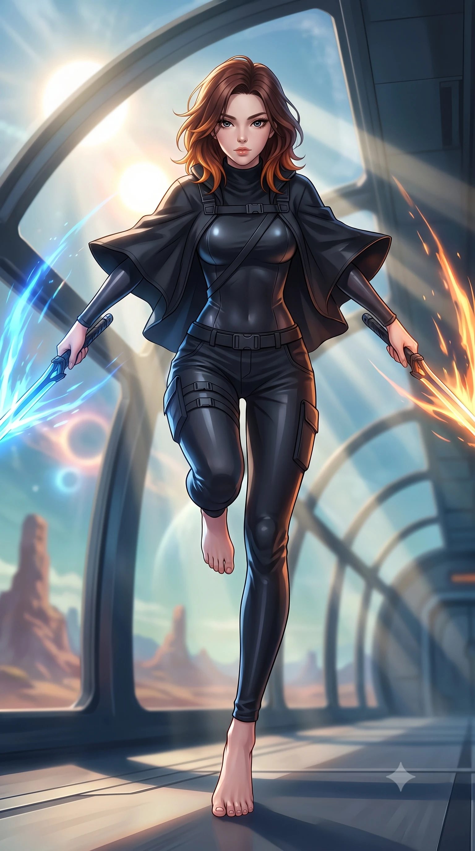 score_9, masterpiece, best quality, ultra-detailed, high-budget anime keyframe, editorial fashion photography, tasteful artistic composition, Korean woman. low angle full-body shot from head to toe showing her feet, filling the entire 9:16 vertical frame with her statuesque presence, stretching her vertical silhouette. leaping forward while slashing with a twin-bladed plasma sword in mid-air, her body-contouring suit showing her athletic silhouette, the background shows a soft-focus a train observation deck with glass panels showing a binary sun system. She has an absolutely perfect, statuesque 8.5-heads proportion, an exceptionally tall and slender model-like female figure with impossibly long slender legs and an ultra-slim waist. sharp v-shaped jawline, high-bridge nose, intricate jewel-like eyes with depth, thick eyelashes, glossy lips with a natural sheen. wearing a slim-fit tactical utility poncho in waterproof matte black fabric, worn over a high-neck utility sweater and cargo pants. volumetric sunbeams slicing through glass panels, creating dramatic light rays. highly saturated vibrant anime colors, detailed shading with soft gradients, rich glossy textures, high-contrast stereoscopic depth, volumetric dynamic lighting, master piece, 9:16 ratio
