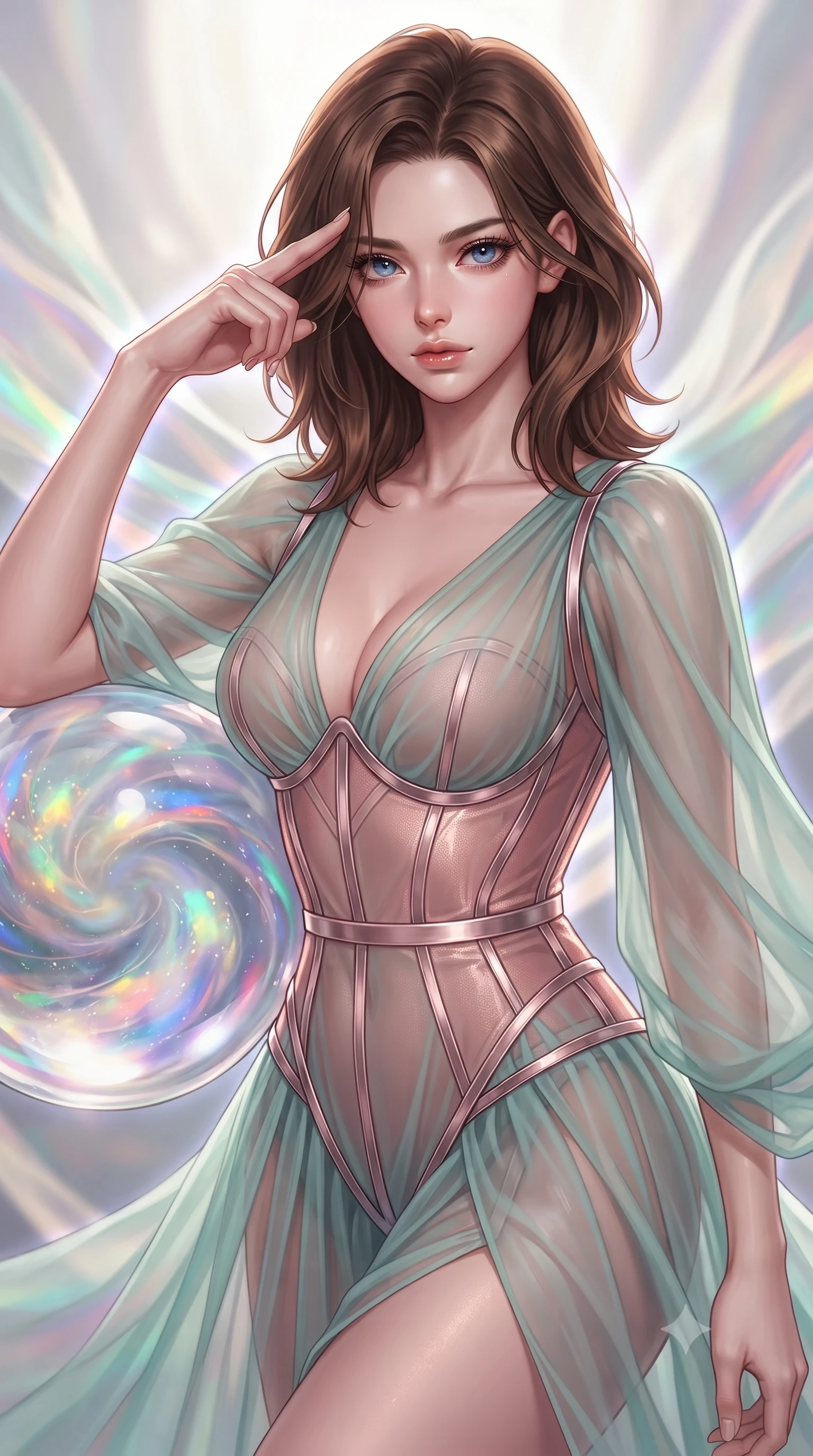 score_9, masterpiece, best quality, ultra-detailed, high-budget anime keyframe, editorial fashion photography, tasteful artistic composition, Korean woman. close-up cowboy shot from the waist and thighs up, the character dominates the composition, filling the frame with her large presence, background elements kept in soft focus. Pressing two fingers to her temple in a composed, sharp thoughtful gesture, resting against a floating glass sphere amidst swirling opal fabric streams, zero-gravity fabric movement paths creating dynamic lead lines. She has an exceptionally elegant, slender, and willowy female figure with an ultra-slim waist, a gracefully sculpted slender torso, and a refined silhouette. sharp v-shaped jawline, high-bridge nose, intricate jewel-like eyes with depth, thick eyelashes, glossy lips with a natural sheen. wearing semi-opaque sheer seafoam chiffon gown revealing structured corset silhouette in rose-gold pink, made of sheer opal chiffon overlay, highlighted by a platinum metallic harness structure, contouring every curve with an exceptionally elegant silhouette. surrounded by a luminous iridescent aura with soft rim lights. highly saturated vibrant anime colors, detailed shading with soft gradients, rich glossy textures, high-contrast stereoscopic depth, volumetric dynamic lighting, master piece, 9:16 ratio
