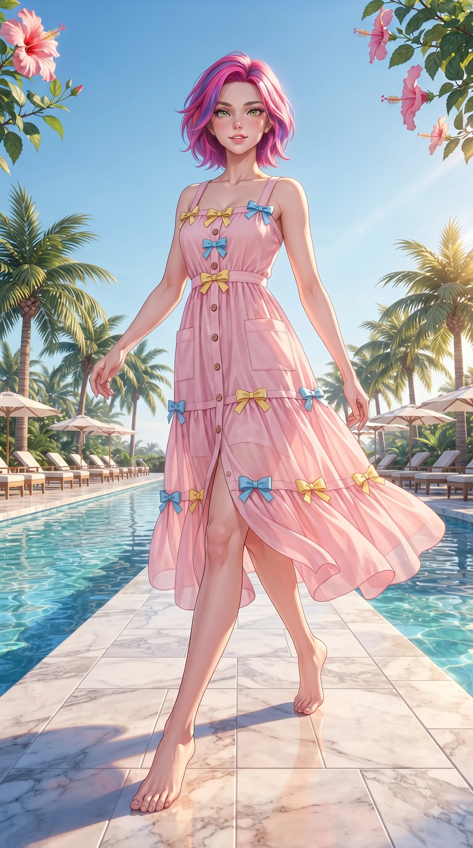 score_9, masterpiece, best quality, ultra-detailed, high-budget anime keyframe, editorial fashion photography, tasteful artistic composition, Caucasian woman. low angle full-body shot from head to toe showing her feet, filling the entire 9:16 vertical frame with her statuesque presence, stretching her vertical silhouette. stepping forward gracefully in mid-motion with a delighted cute expression, displaying her statuesque model proportions while walking gracefully along a crystal-clear resort pool deck lined with palm trees and sun loungers. The surrounding environment is rendered in vivid detail and crisp panoramic clarity. detailed marble poolside tiles, blooming hibiscus flowers, and clear blue sky captured in crisp resolution. She has an absolutely perfect, statuesque 8.5-heads proportion, an exceptionally tall and slender model-like female figure with impossibly long slender legs and an ultra-slim waist. sharp v-shaped jawline, high-bridge nose, intricate jewel-like eyes with depth, thick eyelashes, glossy lips with a natural sheen, flawlessly proportioned anatomical accuracy, natural body alignment, perfectly sculpted elegant limbs, clean dynamic posture without body distortion. wearing a romantic pink tiered chiffon maxi dress decorated with delicate bow ribbons in sunny daffodil yellow and clear sky blue, tailored from crisp cotton poplin, finished with neat front wooden buttons and pocket details, the chic real-way fashion cut emphasizing her effortless charm. illuminated by warm golden afternoon sunbursts casting crisp highlights. ultra-reflective glossy finish, specular highlights, metallic sheen, high-contrast stereoscopic depth, volumetric dynamic lighting, 2k, ultra detail, master piece, 9:16 ratio