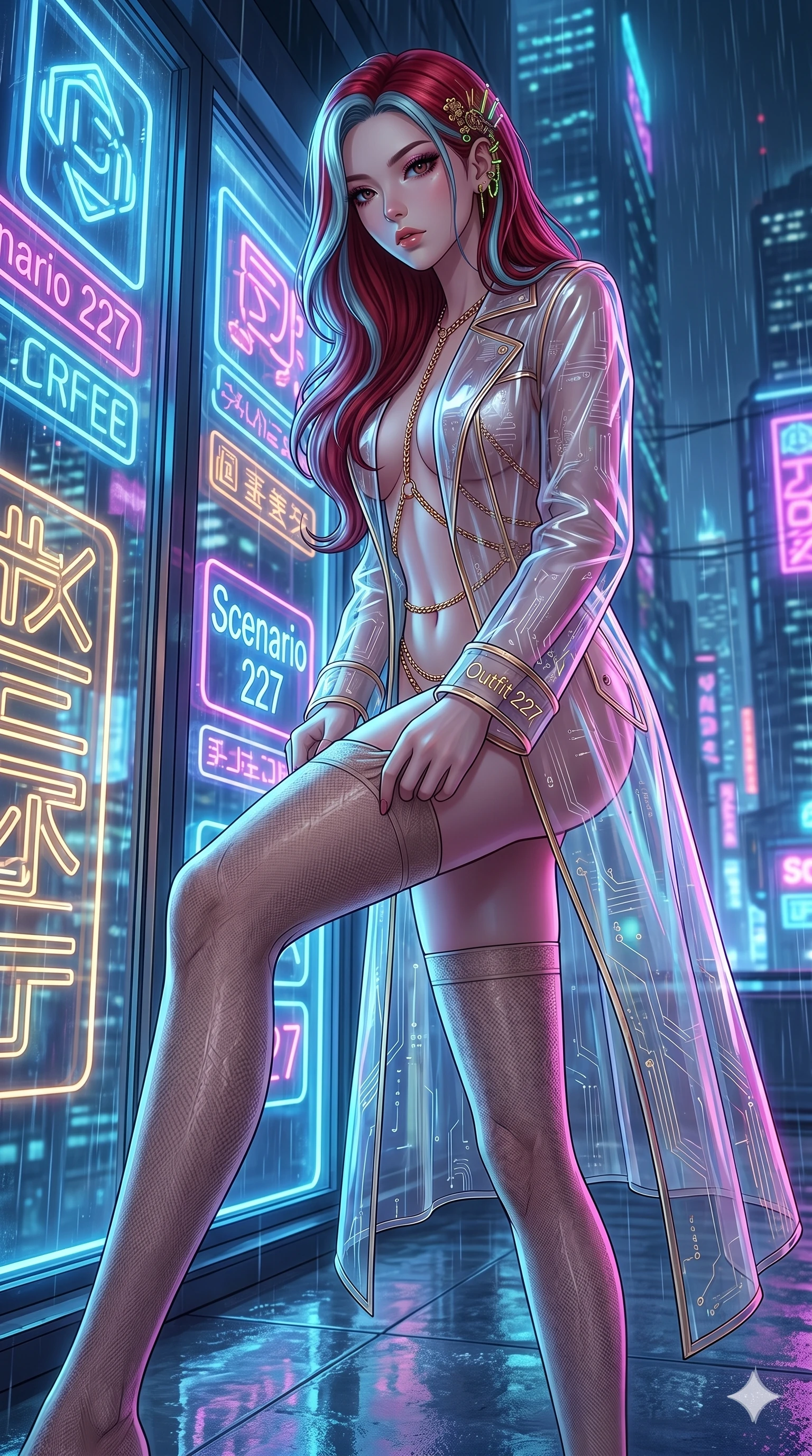 score_9, masterpiece, best quality, ultra-detailed, High-budget Anime Keyframe, East Asian woman. Low angle cowboy shot filling the entire 9:16 frame with her statuesque presence. Scenario 227: Adjusting her thigh-high stocking by a glowing neon window. Her presence is magnetic and overpowering in this high-budget anime scene. Outfit 227: A translucent PVC long with a backless design and fine gold chains. The clothing is designed to emphasize her exceptionally tall and slender 8-heads proportion. 8-heads proportion, towering silhouette, ultra-slim waist. sharp v-shaped jawline, intricate jewel-like eyes with depth, thick eyelashes, glossy lips. 2k, ultra detail, master piece, 9:16 ratio