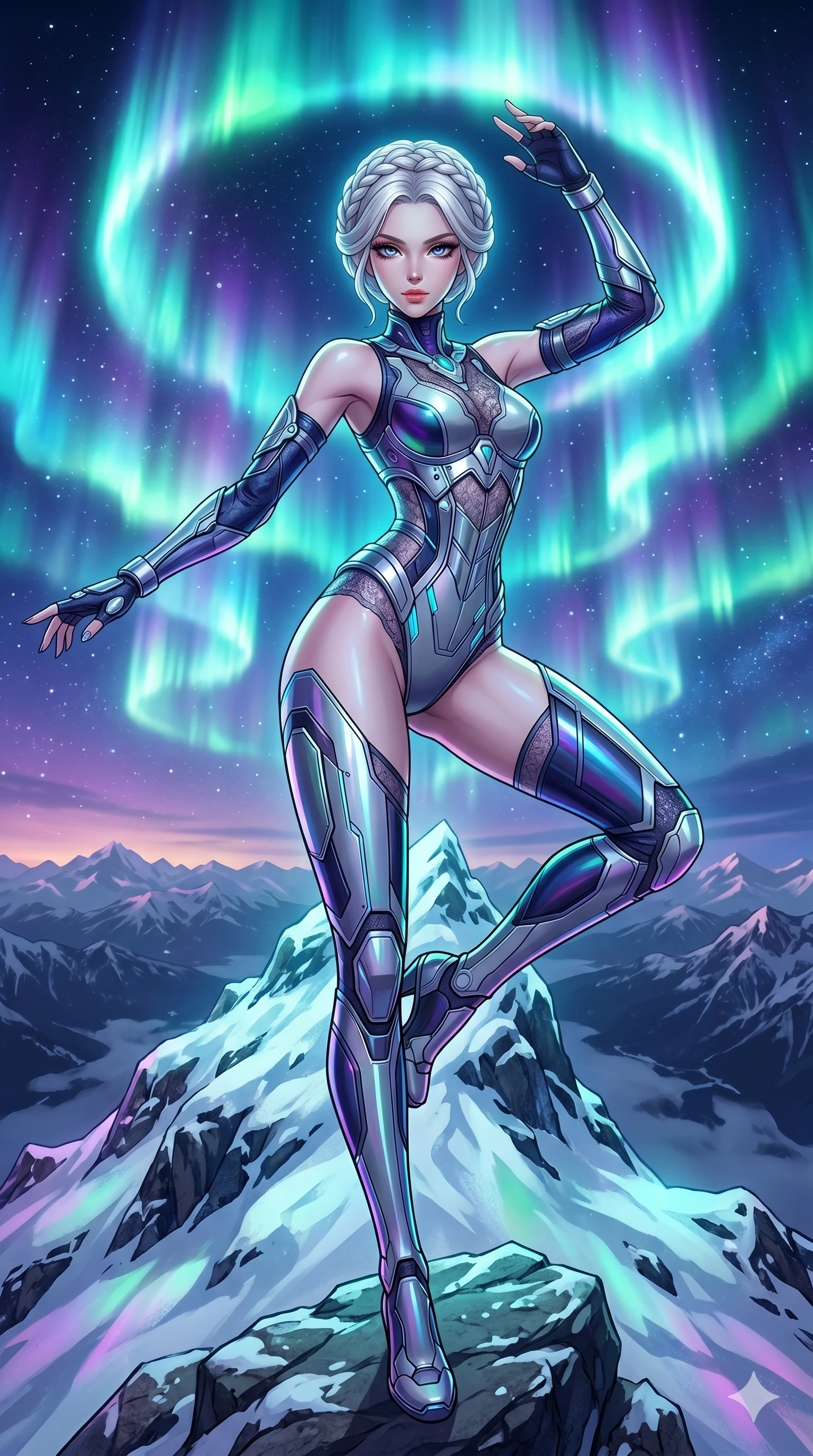 score_9, masterpiece, best quality, ultra-detailed, high-budget anime movie keyframe, cinematic anime lighting, intricate line art, Japanese anime girl. Dynamic full-body shot stretching the vertical silhouette with extreme perspective. standing on a mountain peak as the Northern Lights form a halo. She has an absolutely perfect 8-heads proportion, an exceptionally tall and slender female figure with an ultra-slim waist and impossibly long slender legs. strictly human anatomy, two legs only, no extra limbs, clearly defined legs and arms, perfect anatomy, perfect hands and fingers. sharp v-shaped jawline, high-bridge nose, intricate jewel-like eyes, thick eyelashes, glossy lips. Wearing Cyber-Tech Legacy: Asymmetrical high-cut tech-bodysuit with detached sleeves and chrome-plated corset over sheer lace. The scene is illuminated by dramatic atmospheric lighting and vibrant color palettes. , 2k, ultra detail, master piece, 9:16 ratio