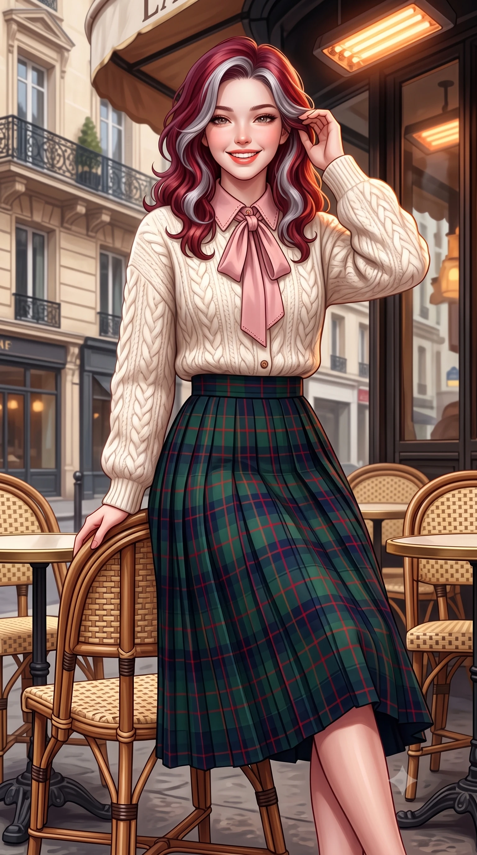 score_9, masterpiece, best quality, ultra-detailed, high-budget anime keyframe, semi-realistic 3D game render, editorial fashion photography, tasteful artistic composition, Caucasian woman. close-up cowboy shot from the waist and thighs up, the character dominates the composition, filling the frame with her large presence. gently brushing a lock of hair behind her ear with one hand while flashing a radiant, joyful smile while leaning back slightly against the wicker rattan café chair, ankles crossed, enjoying the crisp autumn air with effortless chic. The surrounding environment is rendered in vivid detail and crisp panoramic clarity: detailed silk pussy-bow blouse drape, tailored A-line wool skirt pleats, and authentic Parisian street furniture in high resolution. She has an exceptionally elegant, slender, and willowy female figure with an ultra-slim waist, flat toned midriff, narrow ribcage, and sculpted feminine hips creating an alluring, slim hourglass silhouette without bulk. sharp v-shaped jawline, high-bridge nose, intricate jewel-like sparkling eyes with depth, thick eyelashes, glossy parted lips with a natural peach sheen, bright cheerful beaming smile with an enchanting and coquettish sensual glint, exuding both youthful cute charm and seductive allure, flawlessly proportioned anatomical accuracy, strict slender model proportions, natural body alignment, perfectly sculpted long slender limbs, ultra-slim waistline, clean dynamic posture without body distortion. wearing an ivory cable-knit fisherman sweater paired with a pleated wool tartan midi skirt and a crisp collared poplin shirt in Parisian pastel rose bouclé and cream pearl, crafted from ultra-soft Mongolian cashmere with exquisite insulating warmth and tactile softness, featuring delicate tonal horn buttons and meticulous hand-stitched pick-lapel borders, the precision-cut high-waisted tailoring accentuating her ultra-slim waist and long slender leg line with immaculate aristocratic poise. bathed in soft overcast Parisian natural daylight warmed by glowing overhead outdoor patio heaters. highly saturated vibrant anime colors, detailed shading with soft gradients, rich glossy textures, high-contrast stereoscopic depth, volumetric dynamic lighting, master piece, 9:16 ratio