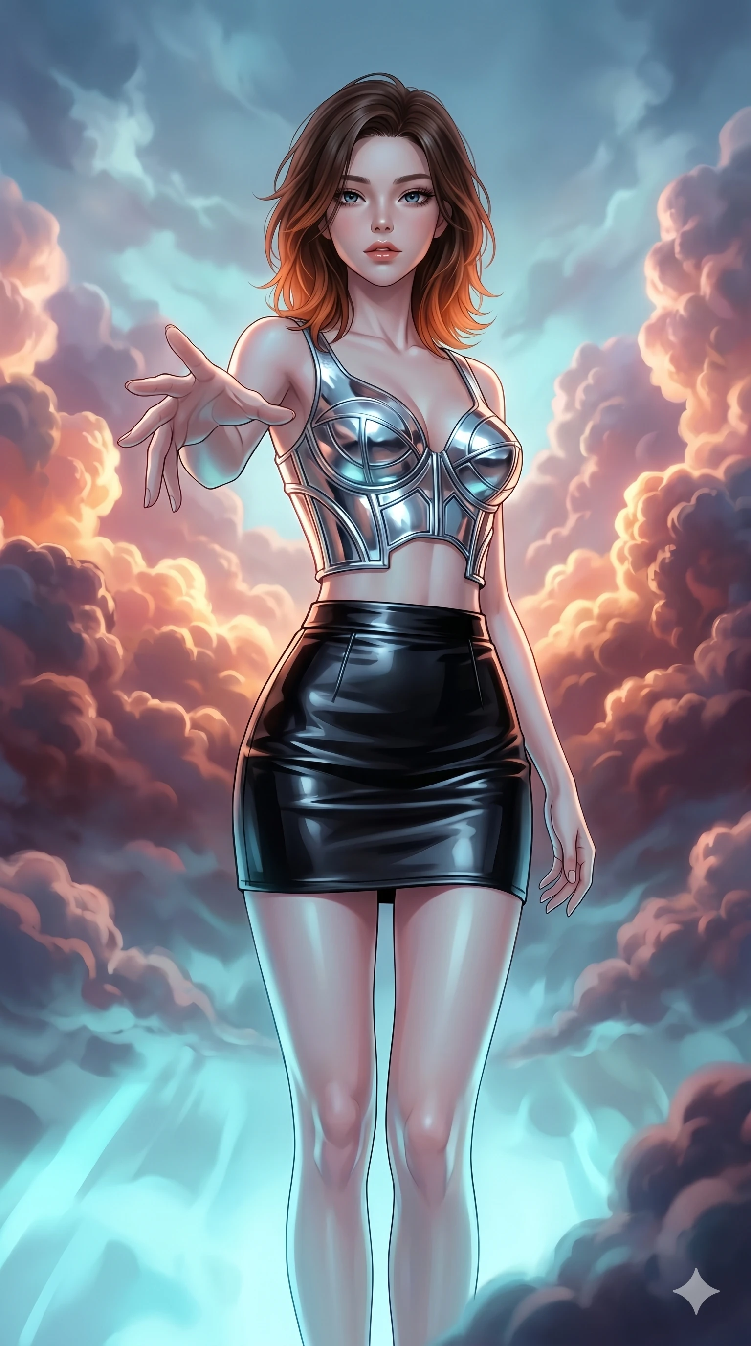 score_9, masterpiece, best quality, ultra-detailed, high-budget anime keyframe, editorial fashion photography, tasteful artistic composition, Korean woman. cowboy shot from the thighs up, character and outfit filling the frame for maximum editorial presence. Reaching one hand toward the viewer with relaxed elegance inside a luminous cloud palace where cumulus formations glow with amber and rose from within. She has an absolutely perfect 8-heads proportion, an exceptionally tall and slender female figure with impossibly long slender legs and an ultra-slim waist. V-shaped jawline, high-bridge nose, intricate jewel-like eyes with depth, thick eyelashes, glossy lips with a natural sheen. wearing a sculptural chrome-plated structured crop top with molded geometric cups and architectural side boning, paired with a high-waist black gloss leather mini skirt to mid-thigh. illuminated by soft aqua bioluminescent light that makes her skin luminously glow against the dark. 2k, ultra detail, master piece, 9:16 ratio