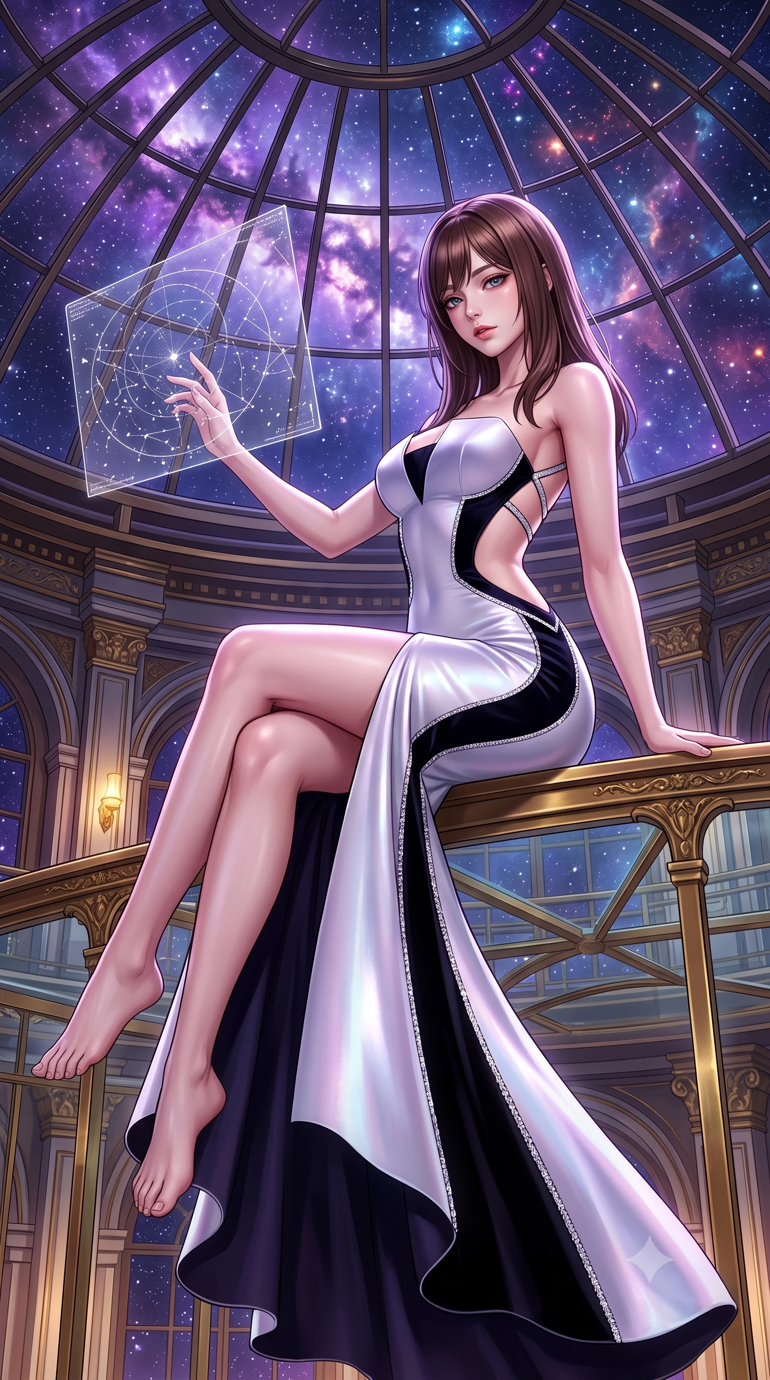 score_9, masterpiece, best quality, ultra-detailed, high-budget anime keyframe, semi-realistic 3D game render, editorial fashion photography, tasteful artistic composition, Korean woman. low angle full-body shot from head to toe showing her feet, filling the entire 9:16 vertical frame with her statuesque presence, stretching her vertical silhouette. sitting perched on the elevated ledge with hips angled toward the camera and legs crossed, displaying her toned midriff and flawlessly sculpted slender limbs while arching her spine in a fluid dancer stretch beneath the open observatory glass dome, fingers lightly tracing a floating star map. The surrounding environment is rendered in vivid detail and crisp panoramic clarity. monumental high-contrast cosmic chiaroscuro and sacred astronomical sanctuary architecture in precision. She has an absolutely perfect, statuesque 8.5-heads proportion, an exceptionally tall and slender model-like female figure with impossibly long slender legs, a toned flat midriff, an ultra-slim waist, and beautifully sculpted feminine hips. sharp v-shaped jawline, high-bridge nose, intricate jewel-like eyes with depth, thick eyelashes, glossy parted lips with a natural sheen, intensely captivating and seductive bedroom-eyes expression, flawlessly proportioned anatomical accuracy, strict slender model proportions, natural body alignment, perfectly sculpted long slender limbs, ultra-slim waistline, clean dynamic posture without body distortion. wearing a midnight silk crepe mermaid gown featuring an architectural strapless neckline and bodycon hip hug in high-contrast black velvet and diamond crystal trim, tailored from ultra-smooth duchess satin with a pearlescent celestial sheen, finished with criss-cross back straps highlighting her graceful bare spine, the glove-like aerodynamic silhouette tightly following the natural contour of her hips and long slender legs with statuesque precision. bathed in cool violet nebula glow from above and warm golden brass indicator uplights. highly saturated vibrant anime colors, detailed shading with soft gradients, rich glossy textures, high-contrast stereoscopic depth, volumetric dynamic lighting, master piece, 9:16 ratio