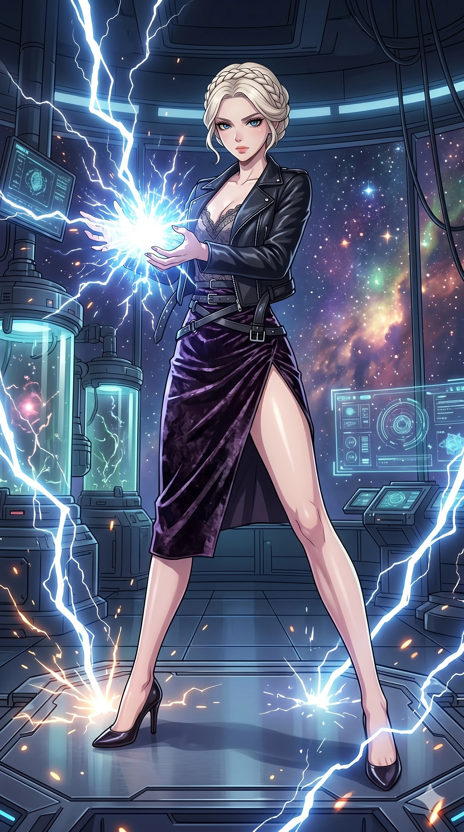 score_9, masterpiece, best quality, ultra-detailed, High-budget Anime Keyframe, vibrant colors, fluid line-art, expressive lighting, cinematic composition, Ufotable-style visual effects, top-tier animation quality, Japanese woman with delicate and elegant anime-inspired features. Wide-angle low shot emphasizing her impossibly long slender legs and commanding stature. Charging a devastating energy blast between her palms during a fierce thunderstorm on a metallic plateau, lightning striking around her. She has an absolutely perfect 8-heads proportion, an exceptionally tall and slender female figure with impossibly long slender legs and an ultra-slim waist, her statuesque height and towering silhouette dominating the vertical 9:16 frame. Her face is a masterpiece featuring a sharp v-shaped jawline, high-bridge nose, intricate jewel-like eyes with depth, thick eyelashes, and glossy lips with a natural sheen. She is wearing a stylishly unzipped leather jacket over a delicate lace top and a stylish belt harness crafted from Crushed dark velvet with a deep, rich texture that absorbs light and glows at the edges, with a dangerous high slit that showcases her impossibly long slender legs. The scene is set in a high-tech research laboratory with glowing glass tanks and complex holographic interfaces, illuminated by flickering starlight and nebula glow providing a mystical and vast ambiance. 2k, ultra detail, master piece, 9:16 ratio