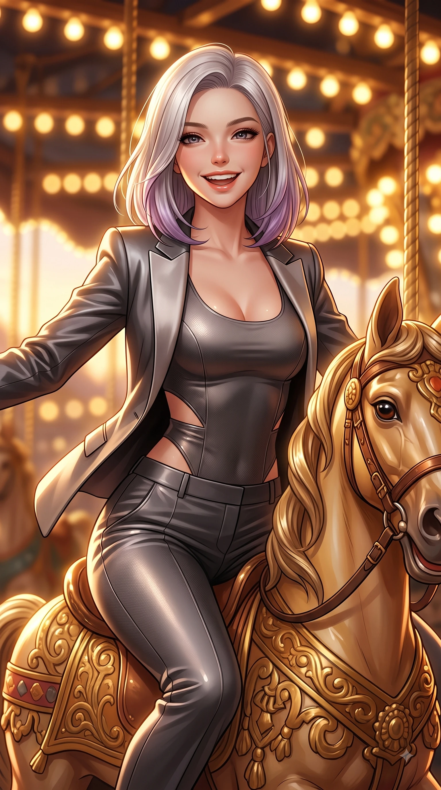 score_9, masterpiece, best quality, ultra-detailed, high-budget anime keyframe, editorial fashion photography, tasteful artistic composition, Caucasian woman. close-up cowboy shot from the waist and thighs up, the character dominates the composition, filling the frame with her large presence, background elements kept in soft focus. Gazing directly into the camera with a joyful, infectious smile as her torso curves dynamically in mid-stride while riding a ornate wooden carousel horse with a pure, joyful laughing expression at dusk, thousands of warm vintage light bulbs casting glowing golden circles in soft bokeh. She has an exceptionally elegant, slender, and willowy female figure with an ultra-slim waist, a gracefully sculpted slender torso, and a refined silhouette. sharp v-shaped jawline, high-bridge nose, intricate jewel-like eyes with depth, thick eyelashes, glossy lips with a natural sheen, flawlessly proportioned anatomical accuracy, natural body alignment, perfectly sculpted elegant limbs, clean dynamic posture without body distortion. wearing a tailored silk blazer over a form-contouring scoop-neck top and slacks in charcoal grey and platinum, made of fine carbon-fiber weave and soft matte leather, featuring subtle geometric cutouts that highlight her ultra-slim midriff, the form-contouring material highlighting her ultra-slim waist and long lines. bathed in glorious golden hour sunbeams and warm amber carousel lamp radiance. ultra-reflective glossy finish, specular highlights, metallic sheen, high-contrast stereoscopic depth, volumetric dynamic lighting, 2k, ultra detail, master piece, 9:16 ratio