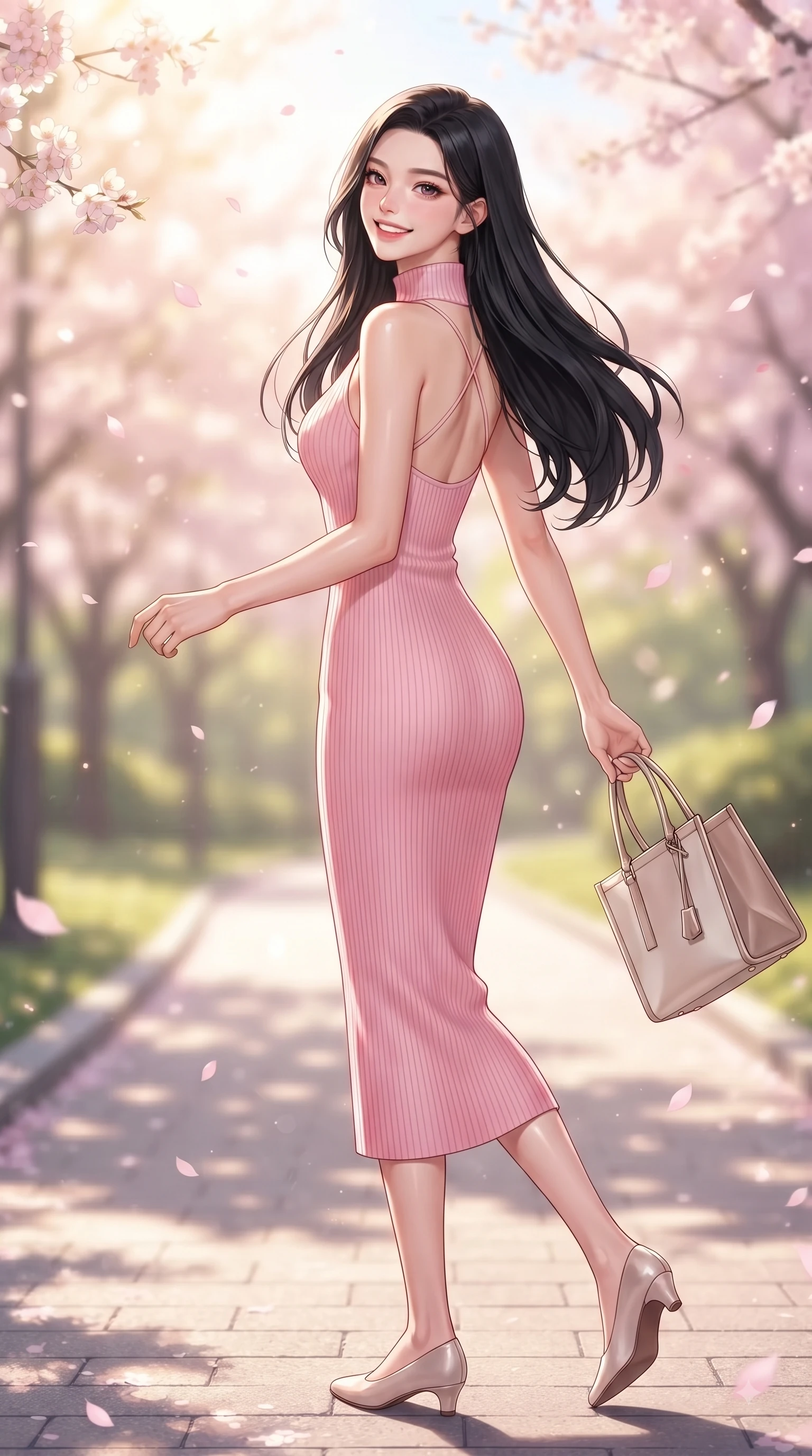 score_9, masterpiece, best quality, ultra-detailed, high-budget anime keyframe, editorial fashion photography, tasteful artistic composition, Korean woman. low angle full-body shot from head to toe showing her feet, filling the entire 9:16 vertical frame with her statuesque presence, stretching her vertical silhouette. performing a cheerful mid-motion turn with flawless poise, her radiant smile capturing fresh girlhood energy while stepping along a paved park trail carrying a tote bag with fresh youthful charm. The composition keeps background elements in soft focus with dreamy bokeh. fluttering sakura petals and sunlit park paths softened in romantic background blur. She has an absolutely perfect, statuesque 8.5-heads proportion, an exceptionally tall and slender model-like female figure with impossibly long slender legs and an ultra-slim waist. sharp v-shaped jawline, high-bridge nose, intricate jewel-like eyes with depth, thick eyelashes, glossy lips with a natural sheen, flawlessly proportioned anatomical accuracy, natural body alignment, perfectly sculpted elegant limbs, clean dynamic posture without body distortion. wearing a high-neck sleeveless ribbed knit dress following her statuesque figure like a glove in bright cherry blossom pink and champagne, tailored from fine wool crepe with clean lines, finished with delicate criss-cross back straps highlighting her bare shoulders, the elegant draped fit framing her graceful clavicle and slender torso. bathed in bright morning sunbeams and warm golden sakura backlighting. ultra-reflective glossy finish, specular highlights, metallic sheen, high-contrast stereoscopic depth, volumetric dynamic lighting, 2k, ultra detail, master piece, 9:16 ratio