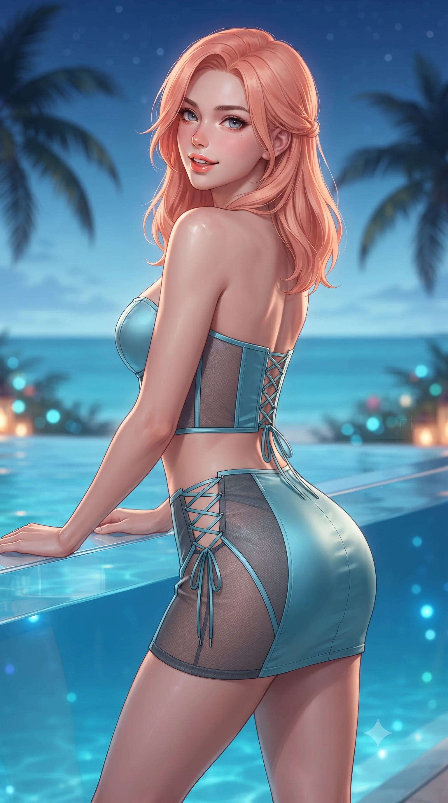 score_9, masterpiece, best quality, ultra-detailed, high-budget anime keyframe, editorial fashion photography, tasteful artistic composition, Japanese woman. close-up cowboy shot from the waist and thighs up, the character dominates the composition, filling the frame with her large presence. posing in an alluring rear three-quarter angle, looking over a bare shoulder with parted glossy lips, her hips cocked back to highlight her slim hourglass curve while leaning against the acrylic infinity pool edge with hips cocked back, looking across the vast Indian Ocean with smoldering bedroom-eyes. The background shows a soft-focus infinite turquoise ocean horizon, silhouettes of curved coconut palms against twilight stars, and coral reef breaks blurred into cyan, sapphire, and diamond bokeh. She has an exceptionally elegant, slender, and willowy female figure with an ultra-slim waist, flat toned midriff, narrow ribcage, and sculpted feminine hips creating an alluring, slim hourglass silhouette without bulk. sharp v-shaped jawline, high-bridge nose, intricate jewel-like sparkling eyes with depth, thick eyelashes, glossy parted lips with a natural peach sheen, bright cheerful beaming smile with an enchanting and coquettish sensual glint, exuding both youthful cute charm and seductive allure, flawlessly proportioned anatomical accuracy, strict slender model proportions, natural body alignment, perfectly sculpted long slender limbs, ultra-slim waistline, clean dynamic posture without body distortion. wearing a sculpted satin underwire crop bustier with lace-up side ties paired with a micro skirt in Cape Town Atlantic aquamarine turquoise and raw granite charcoal, featuring strategic sheer-illusion tulle side panels framing her ribcage and hips, featuring fine criss-cross lace-up side ties revealing tantalizing glimpses of her hip curve, the impeccably tailored cut draping gracefully along her slender figure with aristocratic poise. bathed in underwater pool sapphire LEDs mixed with warm 2800K deck lanterns and clear tropical starlight. ultra-reflective glossy finish, specular highlights, rich textural contrasts, high-contrast stereoscopic depth, volumetric dynamic lighting, 2k, ultra detail, master piece, 9:16 ratio