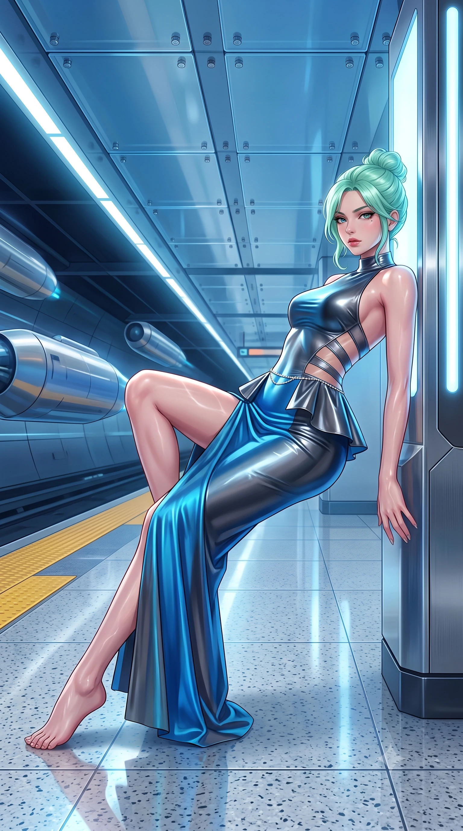 score_9, masterpiece, best quality, ultra-detailed, high-budget anime keyframe, semi-realistic 3D game render, editorial fashion photography, tasteful artistic composition, Japanese woman. low angle full-body shot from head to toe showing her feet, filling the entire 9:16 vertical frame with her statuesque presence, stretching her vertical silhouette. reclining on her side in an elegant Cleopatra pose with one knee drawn up, the dramatic contour of her rounded hips and long slender legs commanding the 9:16 vertical frame while leaning back against an illuminated titanium departure totem with hips cocked, casting a cool, dangerous bedroom-gaze past arriving aerodynamic bullet pods. The surrounding environment is rendered in vivid detail and crisp panoramic clarity. sharp platform edge safety lines, polished terrazzo floor reflections, and acrylic ceiling bolt joints in deep focus. She has an exceptionally tall and slender model-like 8.5-heads proportion, an ultra-slim waist, a flat toned midriff, narrow delicate ribcage, and beautifully sculpted feminine hips creating a graceful, slim hourglass silhouette without any bulky heaviness, with impossibly long slender legs. sharp v-shaped jawline, high-bridge nose, intricate jewel-like eyes with depth, thick eyelashes, glossy parted lips with a natural sheen, intensely captivating and seductive bedroom-eyes expression, flawlessly proportioned anatomical accuracy, strict slender model proportions, natural body alignment, perfectly sculpted long slender limbs, ultra-slim waistline, clean dynamic posture without body distortion. wearing a structural geometric peplum gown with sheer side-ribbon cutouts and form-fitting skirt in metallic gunmetal and electric azure, tailored from liquid silk jersey adhering flawlessly to her slender build, accented with a dainty diamond waist chain catching the ambient light reflections, the precision-cut side openings and low-back scoop framing her graceful spine and the sensual sweep of her slim, toned hips. illuminated by shimmering water caustic reflections accentuating her sculpted midriff, narrow waist, and curvy hips. highly saturated vibrant anime colors, detailed shading with soft gradients, rich glossy textures, high-contrast stereoscopic depth, volumetric dynamic lighting, master piece, 9:16 ratio