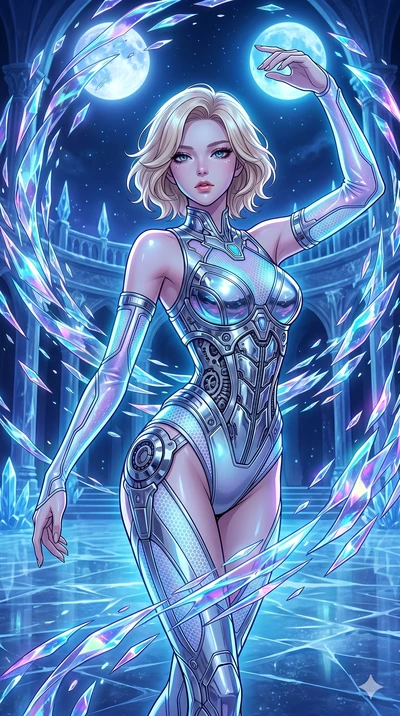 score_9, masterpiece, best quality, ultra-detailed, high-budget anime movie keyframe, cinematic anime lighting, intricate line art, Korean woman. Medium shot of upper body capturing the intricate details of her high-fashion attire. dancing with data-