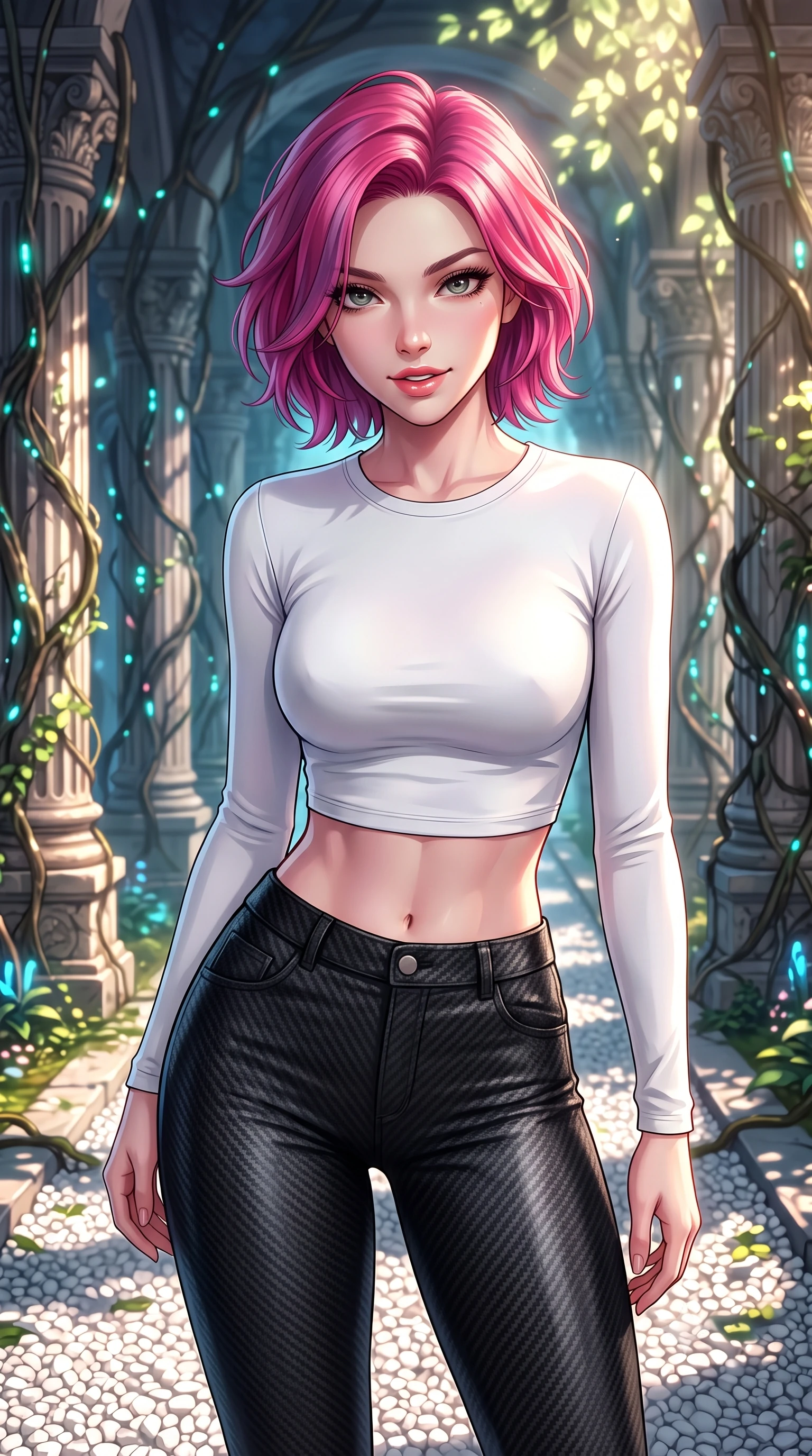 score_9, masterpiece, best quality, ultra-detailed, high-budget anime keyframe, editorial fashion photography, tasteful artistic composition, Caucasian woman. close-up cowboy shot from the waist and thighs up, the character dominates the composition, filling the frame with her large presence, background elements kept in soft focus. leaning slightly forward with a playful, teasing smile, her gaze locked onto the viewer with lips parted in a composed pose, the background shows a soft-focus an orchid vault corridor with cyber-roots climbing ancient stone columns. She has an exceptionally elegant, slender, and willowy female figure with an ultra-slim waist, a gracefully sculpted slender torso, and a refined silhouette. sharp v-shaped jawline, high-bridge nose, intricate jewel-like eyes with depth, thick eyelashes, glossy lips with a natural sheen. wearing a slim-fit body-hugging long-sleeve tactical crop top in pure white, paired with high-waisted black carbon-weave skinny pants. dappled sunlight filtering through glowing leaves onto the white gravel. highly saturated vibrant anime colors, detailed shading with soft gradients, rich glossy textures, high-contrast stereoscopic depth, volumetric dynamic lighting, master piece, 9:16 ratio