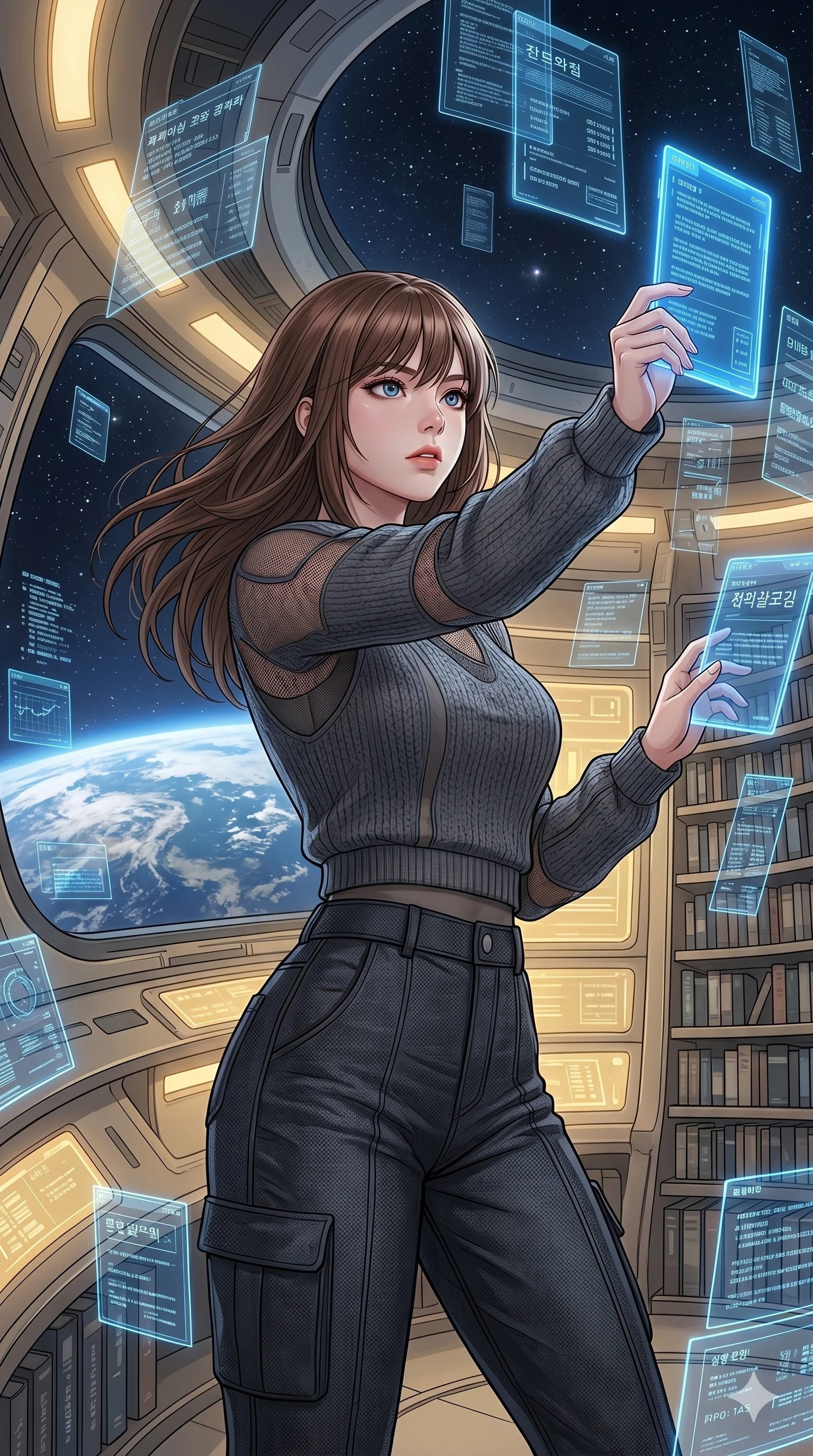 score_9, masterpiece, best quality, ultra-detailed, high-budget anime keyframe, editorial fashion photography, tasteful artistic composition, Korean woman. Upper body close-up from the thighs up, character filling the screen for maximum presence. Inside an orbital library, surrounded by floating digital data pads, grabbing a data pad from the air with a curious, intense look. She is wearing a cropped knit sweater with sheer panels and dark high-waisted pants. The scene is bathed in warm yellow ambient light and the blue glow of data pads. 2k, ultra detail, master piece, 9:16 ratio