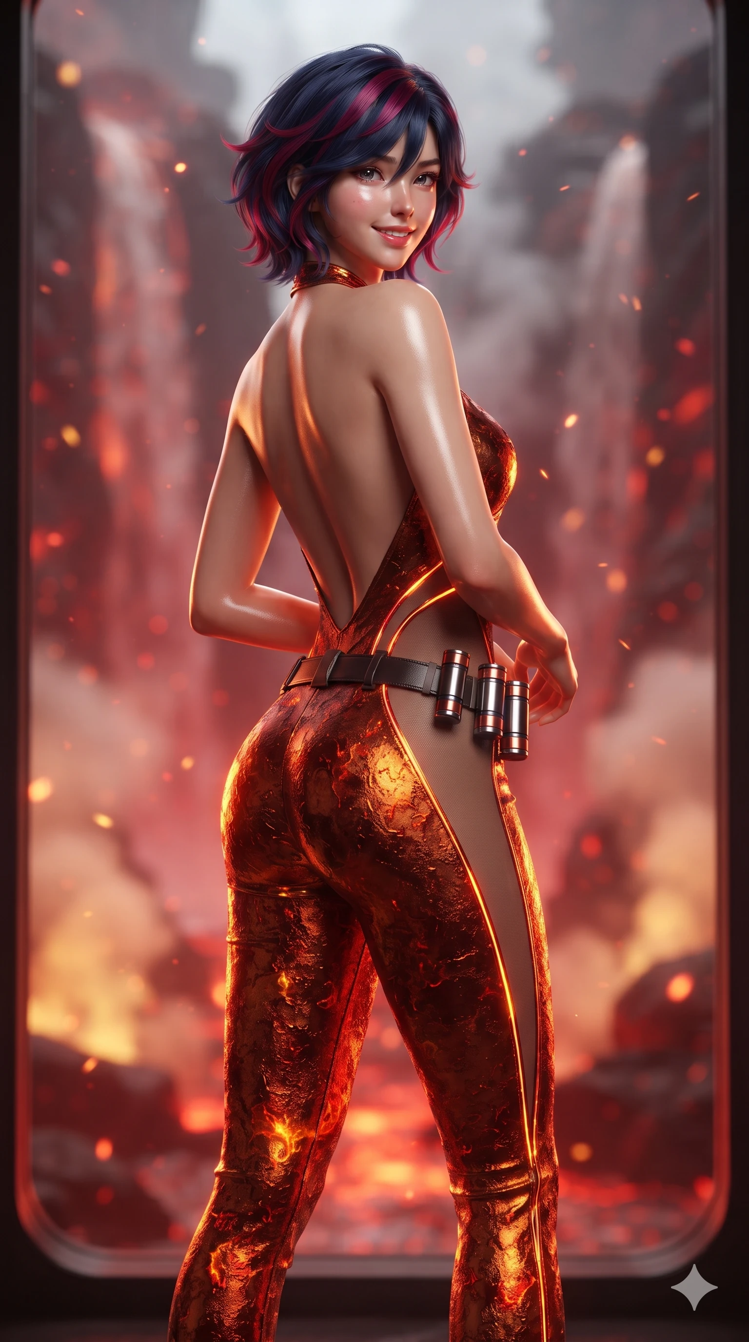 score_9, masterpiece, best quality, ultra-detailed, high-budget anime keyframe, editorial fashion photography, tasteful artistic composition, Korean woman. low angle full-body shot from head to toe showing her feet, filling the entire 9:16 vertical frame with her statuesque presence, stretching her vertical silhouette. posing in a classic haute-couture S-curve stance beside the panoramic viewport, looking over a bare shoulder with magnetic presence while twisting her slender torso in an alluring contrapposto, fiery magma reflections painting glowing crimson and gold lines along her narrow waist and hips. The background shows a soft-focus cascading subterranean magma waterfalls, rising sulfur steam plumes, and glowing ember motes blurred into crimson, vermilion, and gold bokeh. She has an absolutely perfect, statuesque 8.5-heads proportion, an exceptionally tall and slender model-like female figure with impossibly long slender legs, an ultra-slim waist, a flat toned midriff, narrow delicate ribcage, and beautifully sculpted feminine hips creating a graceful, slim hourglass silhouette without any bulky heaviness. sharp v-shaped jawline, high-bridge nose, intricate jewel-like sparkling eyes with depth, thick eyelashes, glossy parted lips with a natural sheen, bright confident smile with an enchanting and coquettish sensual glint, exuding both youthful magnetic charm and sovereign high-tech allure, flawlessly proportioned anatomical accuracy, strict slender model proportions, natural body alignment, perfectly sculpted long slender limbs, ultra-slim waistline, clean dynamic posture without body distortion. wearing an alluring backless liquid titanium halterneck jumpsuit with deep scoop back down to her lower spine and hip ventilation slits in fiery geothermal copper and molten amber glow, featuring strategic sheer-illusion tulle side panels framing her ribcage and hips, accented with a sleek utility belt with polished magnetic canisters resting loosely on her curvy hips, the impeccably tailored cut draping gracefully along her slender figure with aristocratic poise. illuminated by magma surface bounce and sharp crimson-gold rim lights defining her razor-sharp jawline, narrow waist, and curvy hips. ultra-reflective glossy finish, specular highlights, rich textural contrasts, high-contrast stereoscopic depth, volumetric dynamic lighting, 2k, ultra detail, master piece, 9:16 ratio