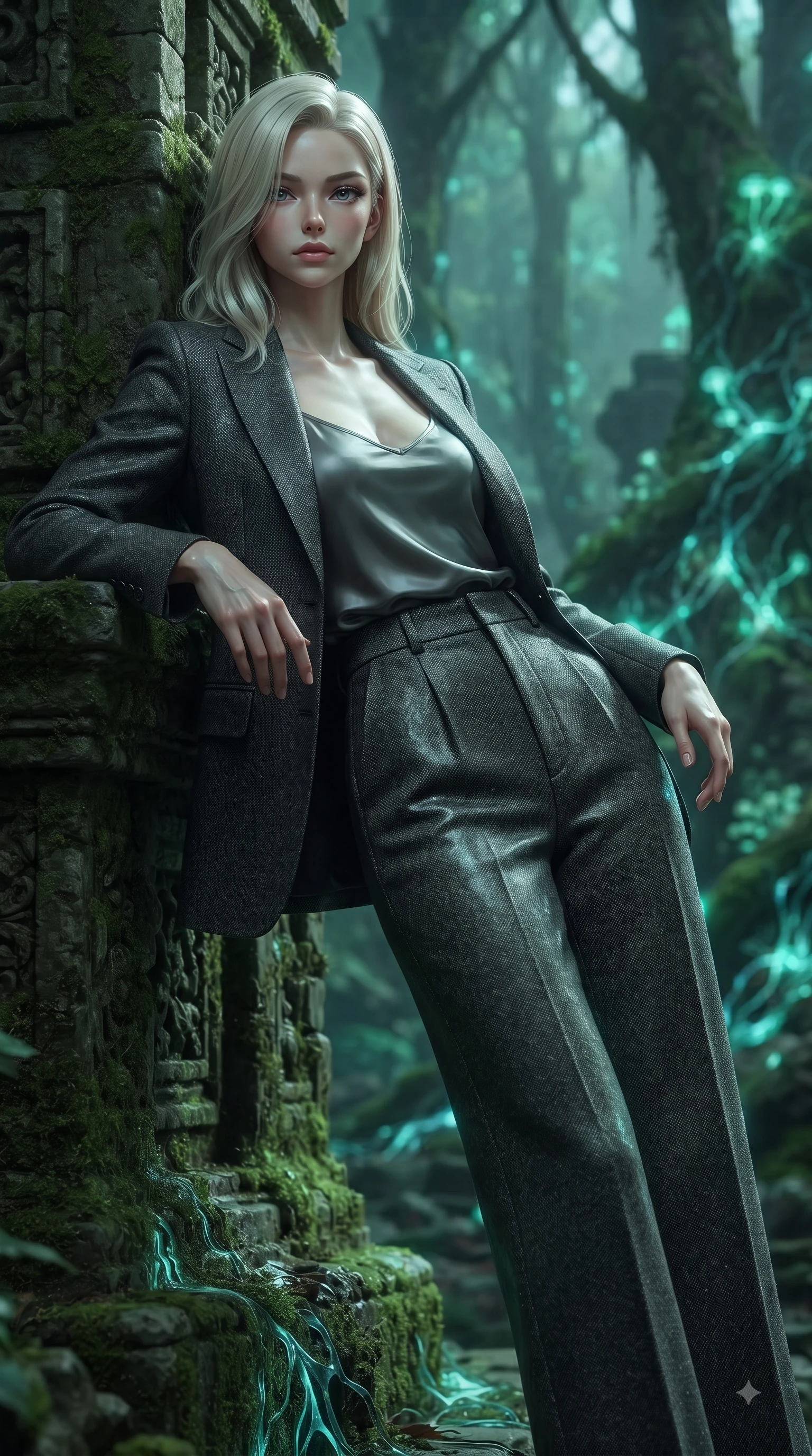 score_9, masterpiece, best quality, ultra-detailed, high-budget anime keyframe, editorial fashion photography, tasteful artistic composition, Caucasian woman woman. close-up cowboy shot from the waist and thighs up, the character dominates the composition, filling the frame with her large presence, background elements kept in soft focus. She has an exceptionally elegant, slender, and willowy female figure with an ultra-slim waist, a gracefully sculpted slender torso, and a refined silhouette. leaning back effortlessly against the surrounding architecture with an air of magnetic superiority, flawlessly proportioned anatomical accuracy, natural body alignment, perfectly sculpted elegant limbs, clean dynamic posture without body distortion. set against a soft-focus background of an ancient rainforest with pulsing opal fungal mycelium networks. wearing a tailored charcoal tweed suit jacket with high-waisted wide trousers. bathed in cool emerald and cyan bioluminescent organic glow wrapping her silhouette. ultra-reflective glossy finish, specular highlights, metallic sheen, high-contrast stereoscopic depth, volumetric dynamic lighting, 2k, ultra detail, master piece, 9:16 ratio