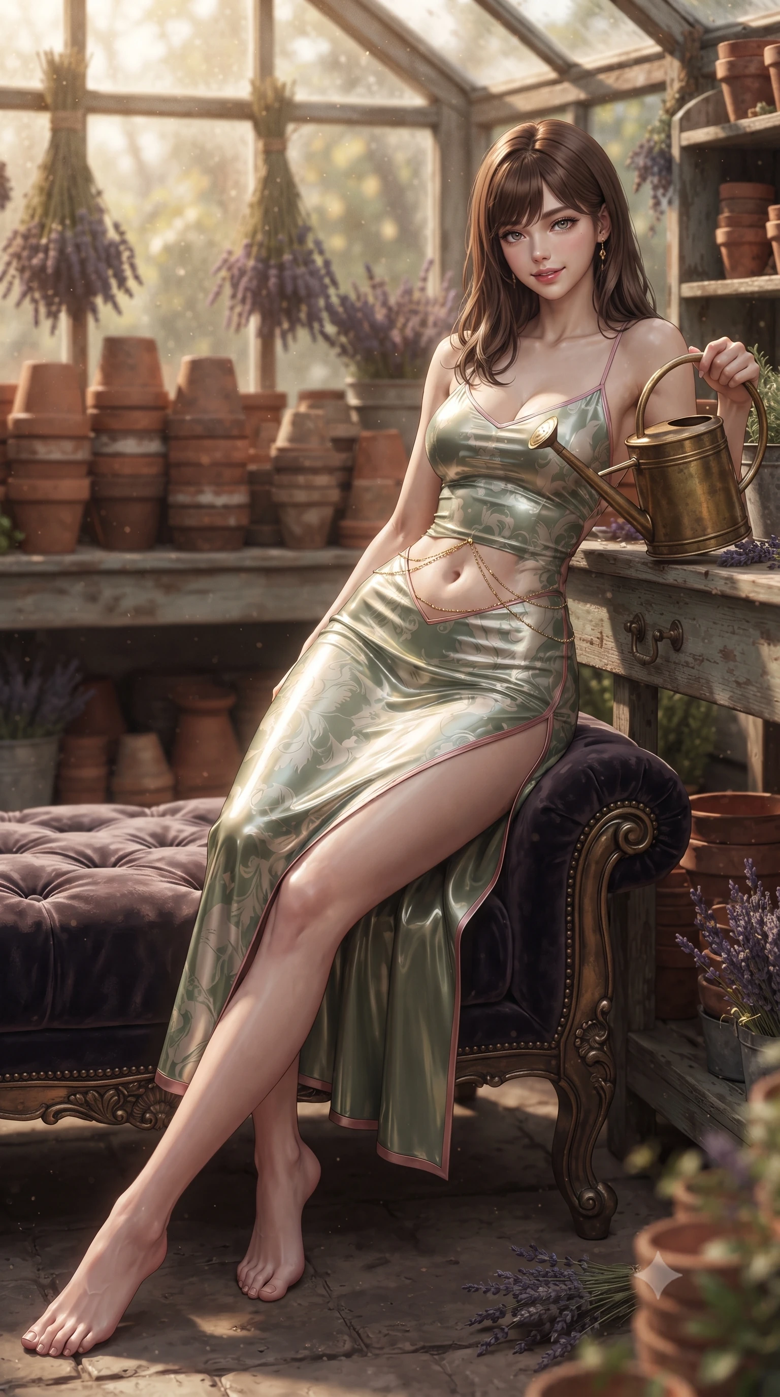 score_9, masterpiece, best quality, ultra-detailed, high-budget anime keyframe, editorial fashion photography, tasteful artistic composition, Korean woman. low angle full-body shot from head to toe showing her feet, filling the entire 9:16 vertical frame with her statuesque presence, stretching her vertical silhouette. lounging on the lavish daybed with legs crossed and hips angled toward the camera, displaying her toned midriff and long slender limbs with effortless siren poise while leaning against the weathered cedar potting bench with hips cocked back, holding an antique brass watering can with playful seductive cool. The background shows a soft-focus stacks of antique terracotta pots, bundles of drying lavender, and weathered wooden shelves blurred into clay, lavender, and honey bokeh. She has an absolutely perfect, statuesque 8.5-heads proportion, an exceptionally tall and slender model-like female figure with impossibly long slender legs, an ultra-slim waist, a flat toned midriff, narrow delicate ribcage, and beautifully sculpted feminine hips creating a graceful, slim hourglass silhouette without any bulky heaviness. sharp v-shaped jawline, high-bridge nose, sparkling eyes with hypnotic seductive depth, thick curled eyelashes, glossy parted lips with a natural dewy peach sheen, alluring bedroom-eyes with an enchanting coquettish smile, exuding magnetic siren charisma and sophisticated glamour, flawlessly proportioned anatomical accuracy, strict slender model proportions, natural body alignment, perfectly sculpted long slender limbs, ultra-slim waistline, clean dynamic posture without body distortion. wearing a form-contouring metallic lamé slip dress clinging like a second skin with hip-high side slits and open criss-cross back in botanical sage green and pure pearlescent ivory with rose trims, crafted from wet-look high-gloss vinyl fabric with dazzling specular surface reflections, accented with a dainty gold belly chain resting across her flat midriff and curving hips, the glove-like clinging cut tightly following the natural contour of her hips and long slender legs with youthful 8.5-heads elegance. bathed in warm sunbeams streaming through dusty greenhouse glass panes. ultra-reflective glossy finish, specular highlights, rich textural contrasts, high-contrast stereoscopic depth, volumetric dynamic lighting, 2k, ultra detail, master piece, 9:16 ratio