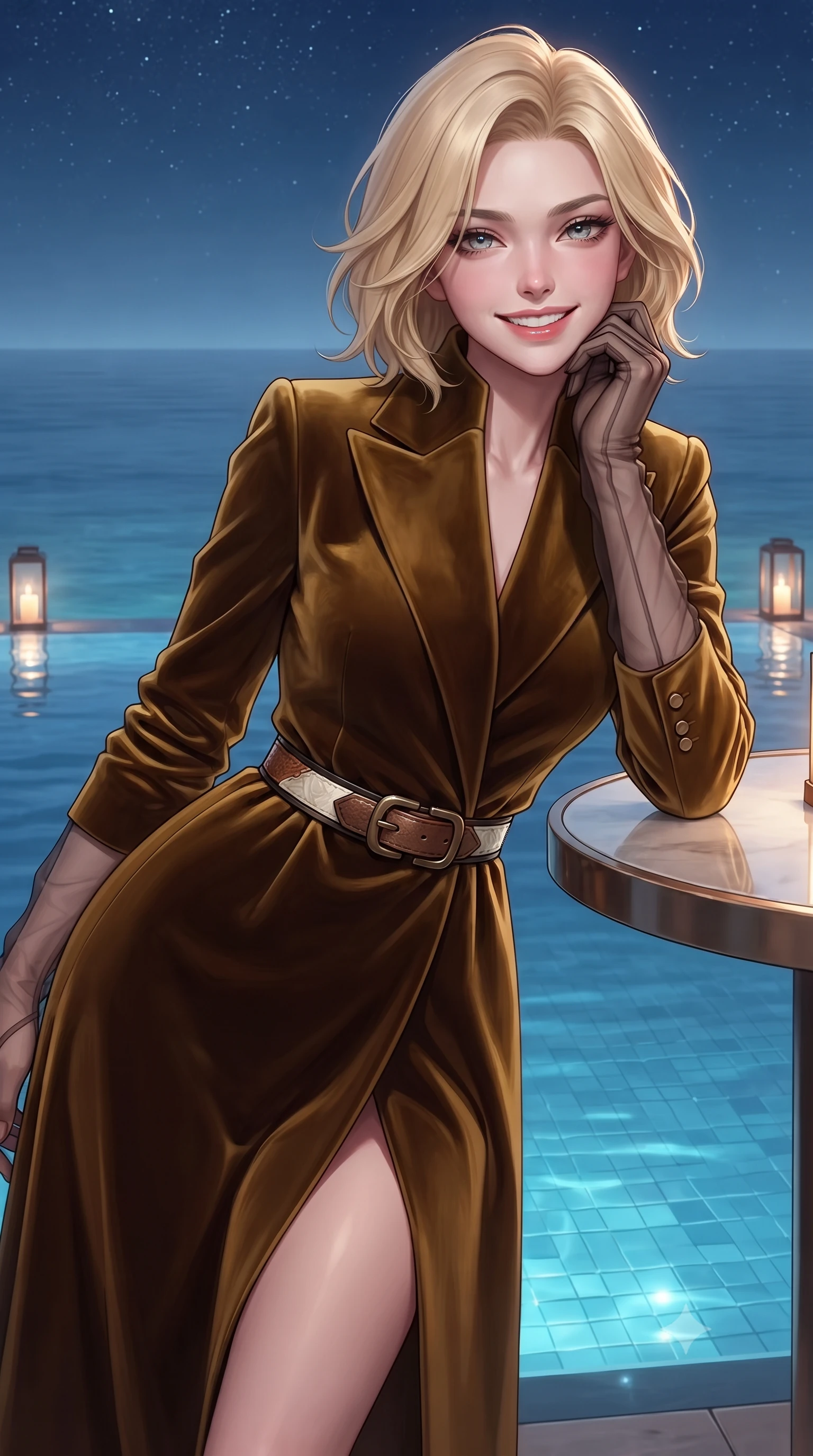 score_9, masterpiece, best quality, ultra-detailed, high-budget anime keyframe, editorial fashion photography, tasteful artistic composition, Caucasian woman. close-up cowboy shot from the waist and thighs up, the character dominates the composition, filling the frame with her large presence. resting one elbow on the table and supporting her chin, leaning close to the camera with heavy-lidded sparkling eyes and parted lips while leaning against the acrylic infinity pool edge with hips cocked back, looking across the vast Indian Ocean with smoldering bedroom-eyes. The surrounding environment is rendered in vivid detail and crisp panoramic clarity: detailed outfit texture, bodycon fit, and luxury island resort engineering in razor-sharp precision. She has an exceptionally elegant, slender, and willowy female figure with an ultra-slim waist, flat toned midriff, narrow ribcage, and sculpted feminine hips creating an alluring, slim hourglass silhouette without bulk. sharp v-shaped jawline, high-bridge nose, intricate jewel-like sparkling eyes with depth, thick eyelashes, glossy parted lips with a natural peach sheen, bright cheerful beaming smile with an enchanting and coquettish sensual glint, exuding both youthful cute charm and seductive allure, flawlessly proportioned anatomical accuracy, strict slender model proportions, natural body alignment, perfectly sculpted long slender limbs, ultra-slim waistline, clean dynamic posture without body distortion. wearing an elegant high-collar Tuscan cashmere wrap coat dress cinched with an artisanal leather buckle belt in antique bronze copper and dewy ivory silk, tailored from ultra-plush silk velvet with rich tactile depth and deep shadow gradients, complemented by sheer opera-length evening gloves tracing her slender arms, the bespoke structured tailoring following the natural line of her 8.5-heads silhouette with refined elegance. bathed in underwater pool sapphire LEDs mixed with warm 2800K deck lanterns and clear tropical starlight. ultra-reflective glossy finish, specular highlights, rich textural contrasts, high-contrast stereoscopic depth, volumetric dynamic lighting, 2k, ultra detail, master piece, 9:16 ratio