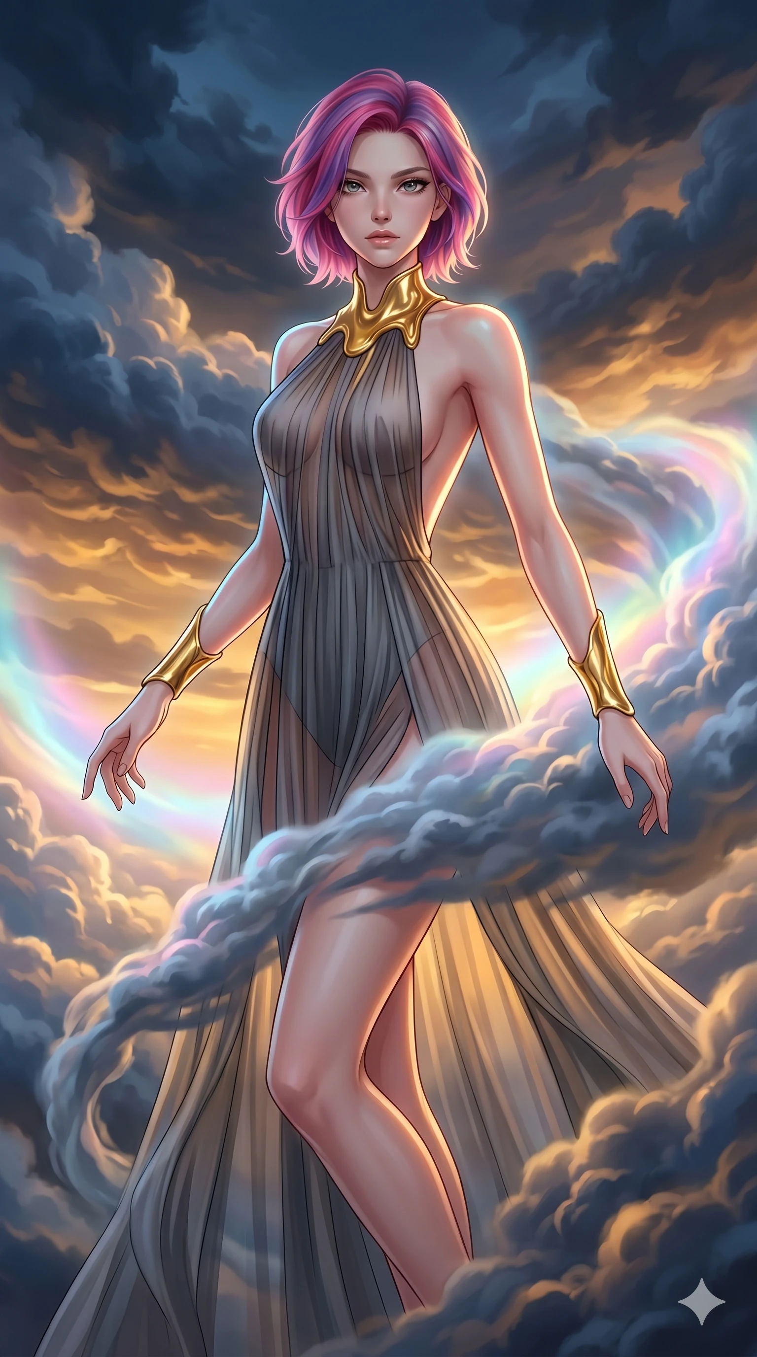score_9, masterpiece, best quality, ultra-detailed, high-budget anime keyframe, Caucasian woman, strictly human ears. upper body close-up from the thighs up, character filling the screen for maximum presence. threading through a volumetric cloud weave where storm clouds are spun like silk thread under a dramatic sunset glow. She has an absolutely perfect 8-heads proportion, an exceptionally tall and slender female figure with impossibly long slender legs and an ultra-slim waist. V-shaped jawline, high-bridge nose, intricate jewel-like eyes with depth, thick eyelashes, glossy lips with a natural sheen.. wearing a molten gold and chiffon gown, featuring organic liquid gold collar and cuffs on a translucent charcoal-gray halter neck chiffon gown with a deep backless design. enhanced by a luminous pastel spectrum glow, casting elegant rim lights on her shoulders and jawline. 2k, ultra detail, master piece, 9:16 ratio