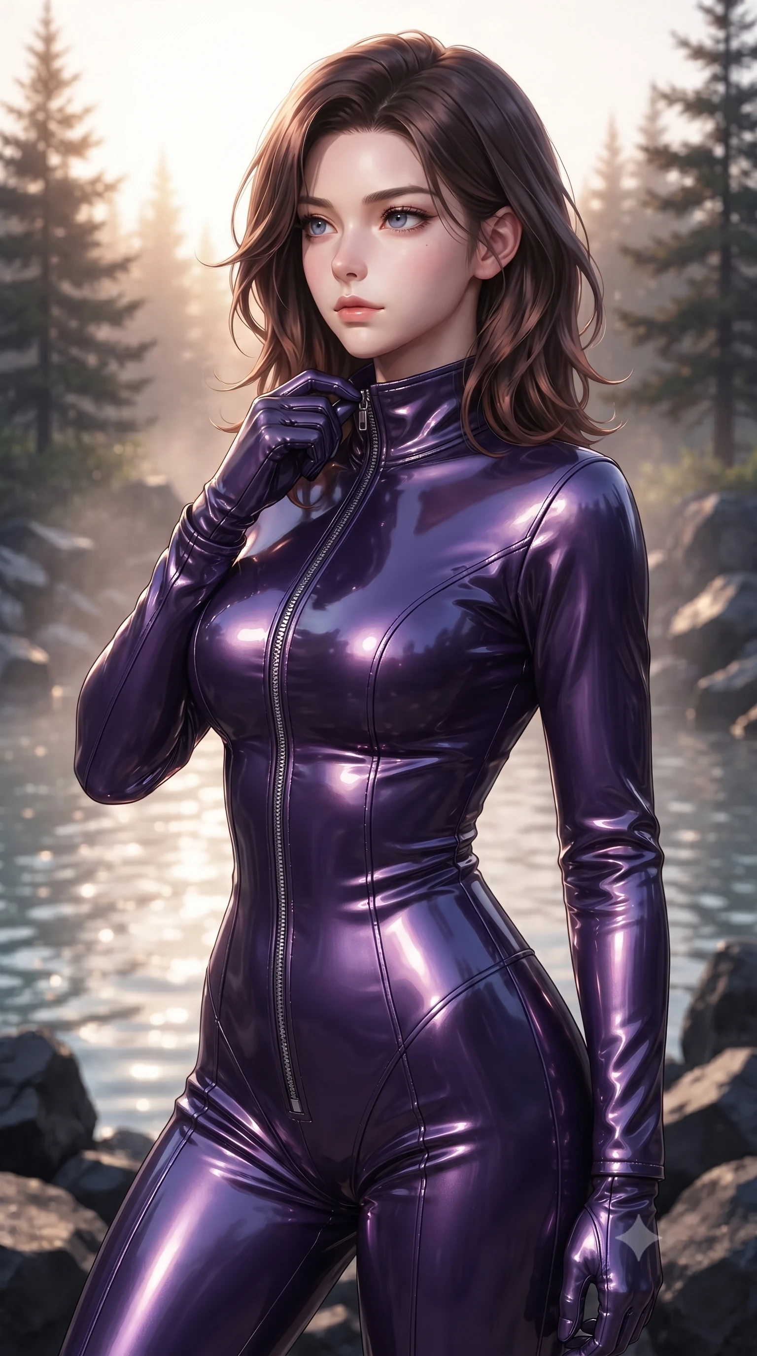 score_9, masterpiece, best quality, ultra-detailed, high-budget anime keyframe, editorial fashion photography, tasteful artistic composition, Korean woman. close-up cowboy shot from the waist and thighs up, the character dominates the composition, filling the frame with her large presence, background elements kept in soft focus. adjusting the high collar of her body-hugging suit, looking past the camera with quiet, sharp focus and a composed expression, the background shows a soft-focus a volcanic glass hot spring surrounded by basalt rocks and pine trees. She has an exceptionally elegant, slender, and willowy female figure with an ultra-slim waist, a gracefully sculpted slender torso, and a refined silhouette. sharp v-shaped jawline, high-bridge nose, intricate jewel-like eyes with depth, thick eyelashes, glossy lips with a natural sheen. wearing a form-contouring form-contouring pilot flight suit in deep purple liquid vinyl, featuring a snug mock-neck and chrome zippers. soft morning mist diffusing the warm starlight, creating a cozy wash. ultra-reflective glossy finish, specular highlights, metallic sheen, high-contrast stereoscopic depth, volumetric dynamic lighting, 2k, ultra detail, master piece, 9:16 ratio