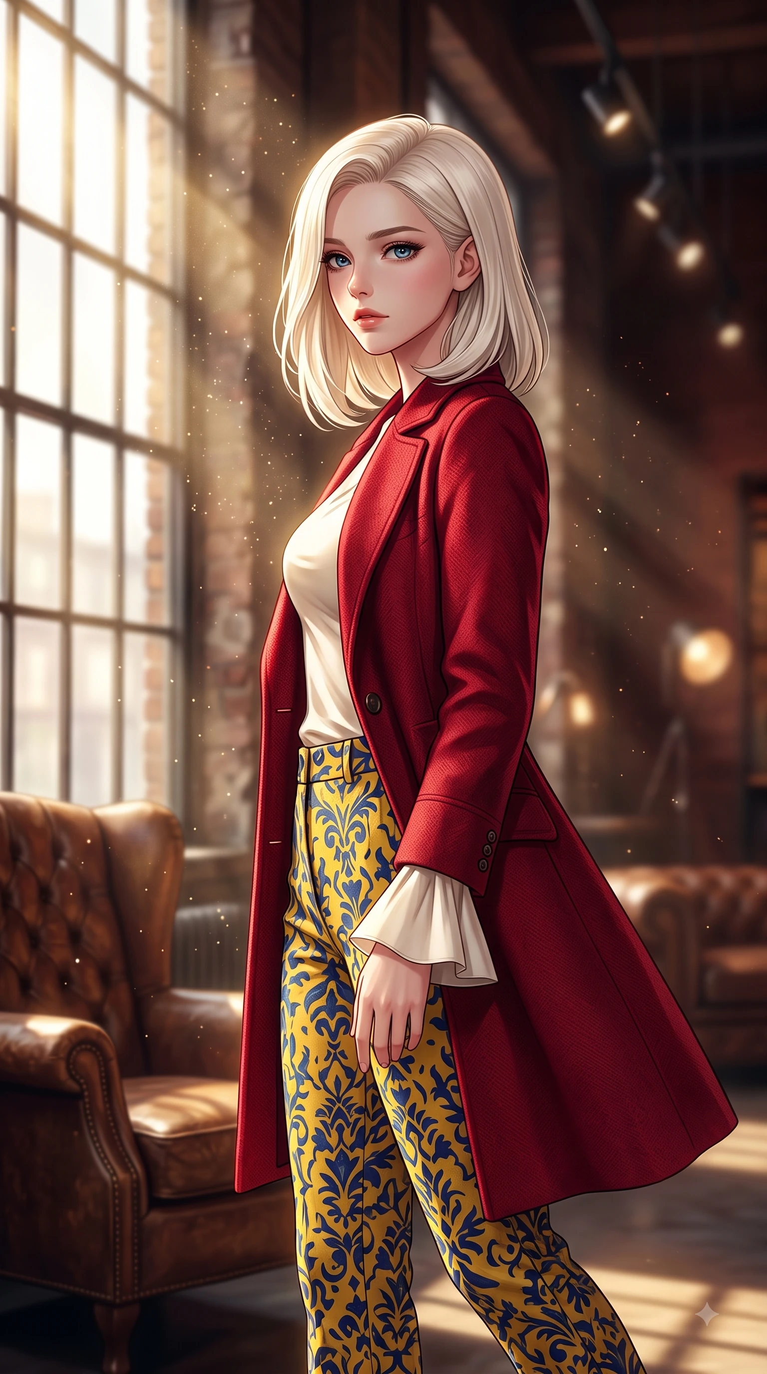 score_9, masterpiece, best quality, ultra-detailed, high-budget anime keyframe, editorial fashion photography, tasteful artistic composition, Caucasian woman. close-up cowboy shot from the waist and thighs up, the character dominates the composition, filling the frame with her large presence. Tender lingering expression with a quiet reluctant backward glance, as if hesitating to leave the moment while pivoting near a high factory window as volumetric dust motes sparkle in golden sunbeams. The composition keeps background elements in soft focus with dreamy bokeh. vintage leather furnishings and soft gallery spotlights softened by shallow focus. She has an exceptionally elegant, slender, and willowy female figure with an ultra-slim waist, a gracefully sculpted slender torso, and a refined silhouette. sharp v-shaped jawline, high-bridge nose, intricate jewel-like eyes with depth, thick eyelashes, glossy lips with a natural sheen, flawlessly proportioned anatomical accuracy, natural body alignment, perfectly sculpted elegant limbs, clean dynamic posture without body distortion. wearing a tailored crimson red wool coat over a fitted ivory silk top and tailored trousers in sunflower yellow and royal navy blue, crafted from soft breathable Italian linen, featuring elegant flutter sleeves and a graceful square neckline, the sleek second-skin fit accentuating her magnetic presence. illuminated by crisp gallery spotlights and rich mahogany ambient glow. highly saturated vibrant anime colors, detailed shading with soft gradients, rich glossy textures, high-contrast stereoscopic depth, volumetric dynamic lighting, master piece, 9:16 ratio