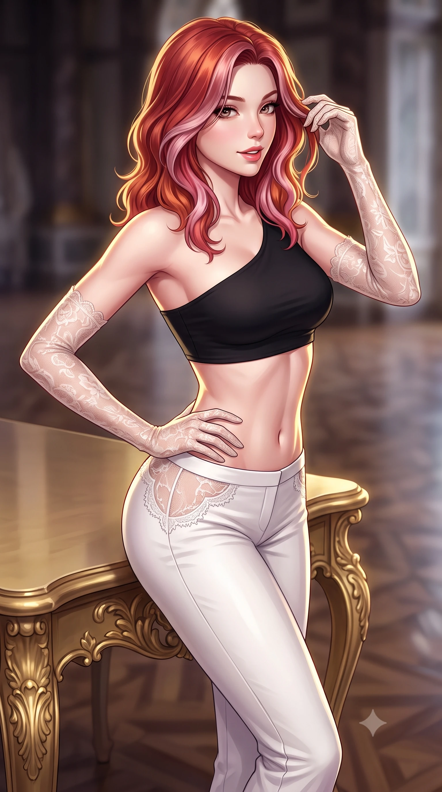 score_9, masterpiece, best quality, ultra-detailed, high-budget anime keyframe, semi-realistic 3D game render, editorial fashion photography, tasteful artistic composition, Caucasian woman. close-up cowboy shot from the waist and thighs up, the character dominates the composition, filling the frame with her large presence. twisting her slender torso in an alluring contrapposto stance, one hand resting on her sculpted hip while her fingers toy with her hair with effortless poise while leaning against a gilded baroque console table with hips cocked back, looking over a bare shoulder with an alluring, parted-lip smile. The background shows a soft-focus polished ballroom floor reflections softened in opulent gothic shallow focus. She has an exceptionally elegant, slender, and willowy female figure with an ultra-slim waist, flat toned midriff, narrow ribcage, and sculpted feminine hips creating an alluring, slim hourglass silhouette without bulk. sharp v-shaped jawline, high-bridge nose, sparkling eyes with hypnotic seductive depth, thick curled eyelashes, glossy parted lips with a natural dewy peach sheen, alluring bedroom-eyes with an enchanting coquettish smile, exuding magnetic siren charisma and sophisticated glamour, flawlessly proportioned anatomical accuracy, strict slender model proportions, natural body alignment, perfectly sculpted long slender limbs, ultra-slim waistline, clean dynamic posture without body distortion. wearing a form-contouring one-shoulder minimalist bandeau top paired with low-rise tailored trousers with sheer hip cutouts in high-contrast minimalist monochrome black and pure alabaster white, made of delicate semi-sheer French Chantilly lace with intricate eyelash edges, complemented by sheer opera-length lace evening gloves tracing her slender arms, the liquid-tight tailored fabric clinging flawlessly to her narrow waist and rounded feminine hips, emphasizing every millimeter of her sculpted slim hourglass curves without any bulky heaviness. illuminated by parquet floor reflection fill and sharp golden rim lights defining her razor-sharp jawline, narrow waist, and curvy hips. highly saturated vibrant anime colors, detailed shading with soft gradients, rich glossy textures, high-contrast stereoscopic depth, volumetric dynamic lighting, master piece, 9:16 ratio
