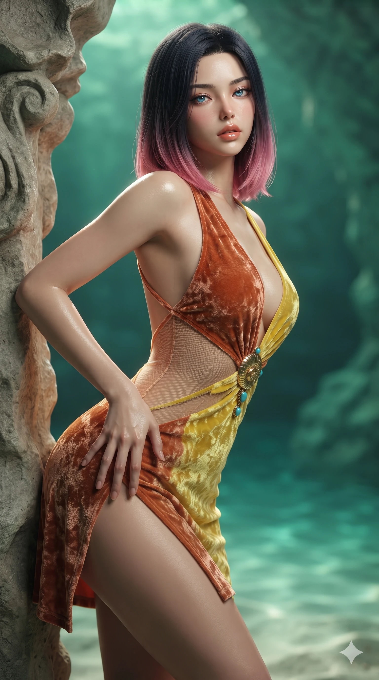 score_9, masterpiece, best quality, ultra-detailed, high-budget anime keyframe, editorial fashion photography, tasteful artistic composition, Korean woman. close-up cowboy shot from the waist and thighs up, the character dominates the composition, filling the frame with her large presence. arching her spine backward with effortless dancer poise, one hand sliding along her hip line as directional light carves specular highlights along her silhouette while leaning against the sculpted stone portal with hips cocked back, looking through the sea cave opening with heavy-lidded seductive bedroom-eyes. The background shows a soft-focus mystical emerald sea grotto softened in subterranean cavern shallow focus. She has an exceptionally elegant, slender, and willowy female figure with an ultra-slim waist, flat toned midriff, narrow ribcage, and sculpted feminine hips creating an alluring, slim hourglass silhouette without bulk. sharp v-shaped jawline, high-bridge nose, sparkling eyes with hypnotic seductive depth, thick curled eyelashes, glossy parted lips with a natural dewy peach sheen, alluring bedroom-eyes with an enchanting coquettish smile, exuding magnetic siren charisma and sophisticated glamour, flawlessly proportioned anatomical accuracy, strict slender model proportions, natural body alignment, perfectly sculpted long slender limbs, ultra-slim waistline, clean dynamic posture without body distortion. wearing a backless crushed velvet mini dress with a deep plunging neckline and hip-high thigh slit in sun-kissed terracotta and Amalfi lemon yellow, featuring strategic sheer-illusion micro-mesh cutouts along her ribcage and hip flanks, accented with an authentic engraved gold nautilus shell medallion and turquoise cabochons, the liquid-tight tailored fabric clinging flawlessly to her narrow waist and rounded feminine hips, emphasizing every millimeter of her sculpted slim hourglass curves without any bulky heaviness. bathed in the breathtaking natural emerald-green ambient light reflecting upward from submerged sandy shoals into the cavern dome. ultra-reflective glossy finish, specular highlights, rich textural contrasts, high-contrast stereoscopic depth, volumetric dynamic lighting, 2k, ultra detail, master piece, 9:16 ratio
