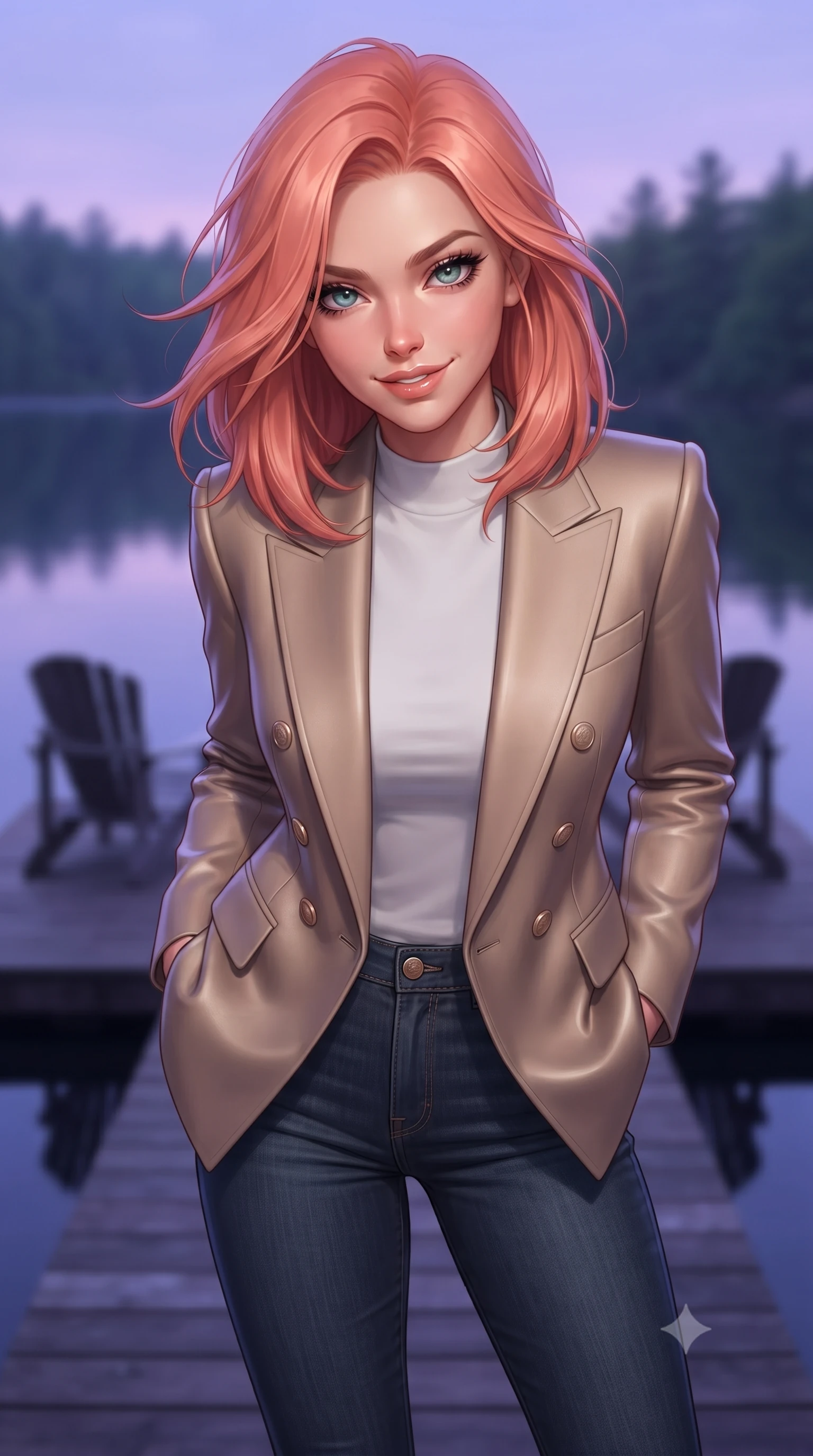 score_9, masterpiece, best quality, ultra-detailed, high-budget anime keyframe, editorial fashion photography, tasteful artistic composition, Japanese woman woman. close-up cowboy shot from the waist and thighs up, the character dominates the composition, filling the frame with her large presence, background elements kept in soft focus. leaning slightly forward with a playful, teasing smile, her gaze locked onto the viewer the background shows a soft-focus a simple dark wood deck extending over a calm forest lake, with two chairs. She has an exceptionally elegant, slender, and willowy female figure with an ultra-slim waist, a gracefully sculpted slender torso, and a refined silhouette. sharp v-shaped jawline, high-bridge nose, intricate jewel-like eyes with depth, thick eyelashes, glossy lips with a natural sheen. wearing a body-hugging tailored double-breasted blazer in sand wool, worn over a white mock-neck tee and denim jeans. the serene purple and blue hues of twilight reflecting on the still water. ultra-reflective glossy finish, specular highlights, metallic sheen, high-contrast stereoscopic depth, volumetric dynamic lighting, 2k, ultra detail, master piece, 9:16 ratio