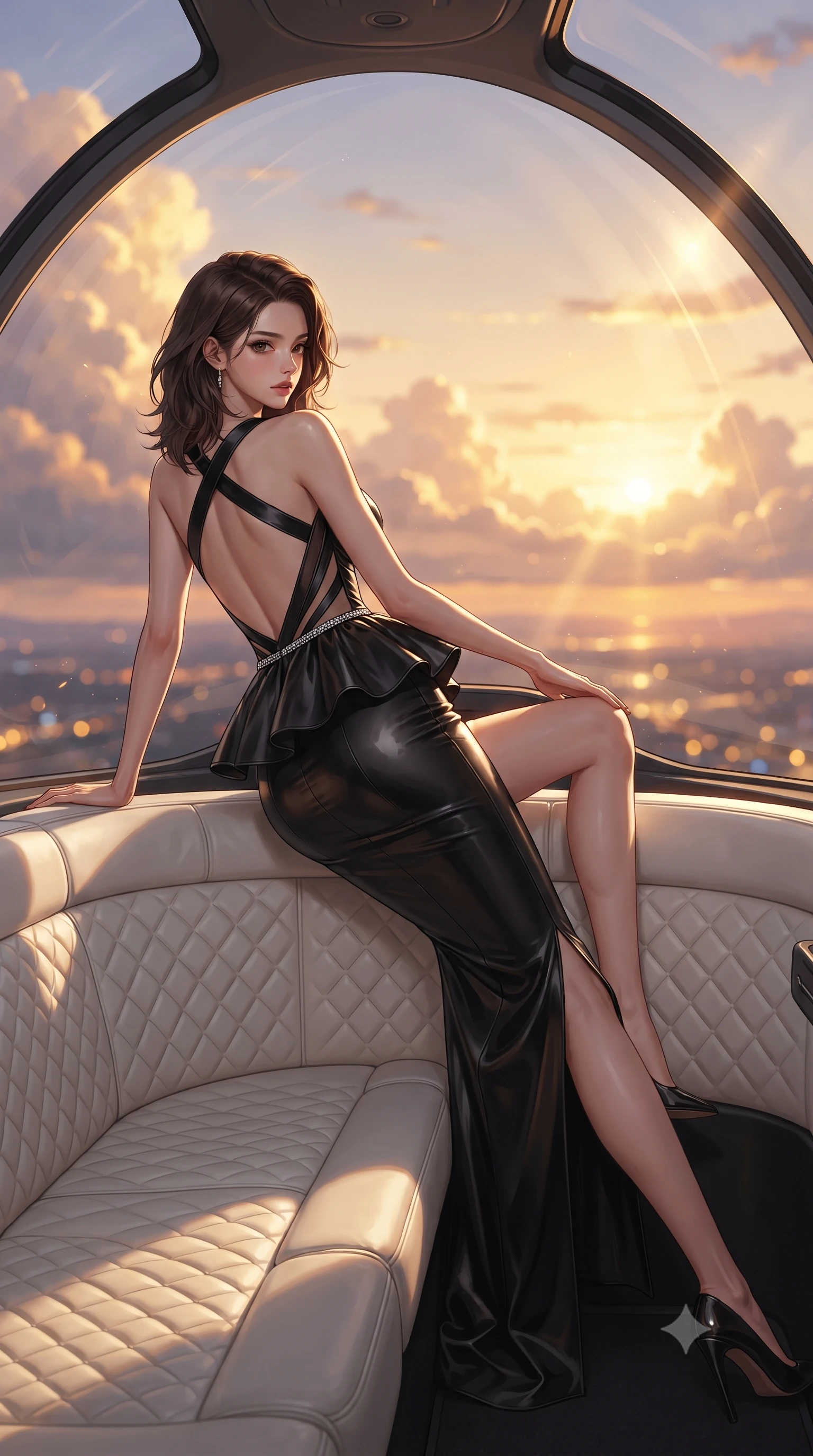 score_9, masterpiece, best quality, ultra-detailed, high-budget anime keyframe, editorial fashion photography, tasteful artistic composition, Korean woman. low angle full-body shot from head to toe showing her feet, filling the entire 9:16 vertical frame with her statuesque presence, stretching her vertical silhouette. reclining on her side in an elegant Cleopatra pose with one knee drawn up, the dramatic contour of her rounded hips and long slender legs commanding the 9:16 vertical frame while perching on the edge of a sculpted white leather captain's banquette, arching her lower back as golden sunset storm clouds stretch endlessly beneath the teardrop canopy. The composition keeps background elements in soft focus with creamy bokeh. billowing sunset cumulus cloud formations and glowing twilight horizons blurred into molten gold, apricot, and lavender bokeh. She has an exceptionally tall and slender model-like 8.5-heads proportion, an ultra-slim waist, a flat toned midriff, narrow delicate ribcage, and beautifully sculpted feminine hips creating a graceful, slim hourglass silhouette without any bulky heaviness, with impossibly long slender legs. sharp v-shaped jawline, high-bridge nose, intricate jewel-like eyes with depth, thick eyelashes, glossy parted lips with a natural sheen, intensely captivating and seductive bedroom-eyes expression, flawlessly proportioned anatomical accuracy, strict slender model proportions, natural body alignment, perfectly sculpted long slender limbs, ultra-slim waistline, clean dynamic posture without body distortion. wearing a structural geometric peplum gown with sheer side-ribbon cutouts and form-fitting skirt in pitch-black velvet with diamond crystal trim, formed from supple second-skin lambskin leather with specular sheen, finished with criss-cross back satin straps highlighting her graceful shoulder blades, the dramatically scooped open back descending to the base of her spine, accentuating her razor-sharp statuesque lines and slim hourglass silhouette. bathed in glorious golden hour stratospheric sunbeams filtering through the glass canopy. ultra-reflective glossy finish, specular highlights, rich textural contrasts, high-contrast stereoscopic depth, volumetric dynamic lighting, 2k, ultra detail, master piece, 9:16 ratio