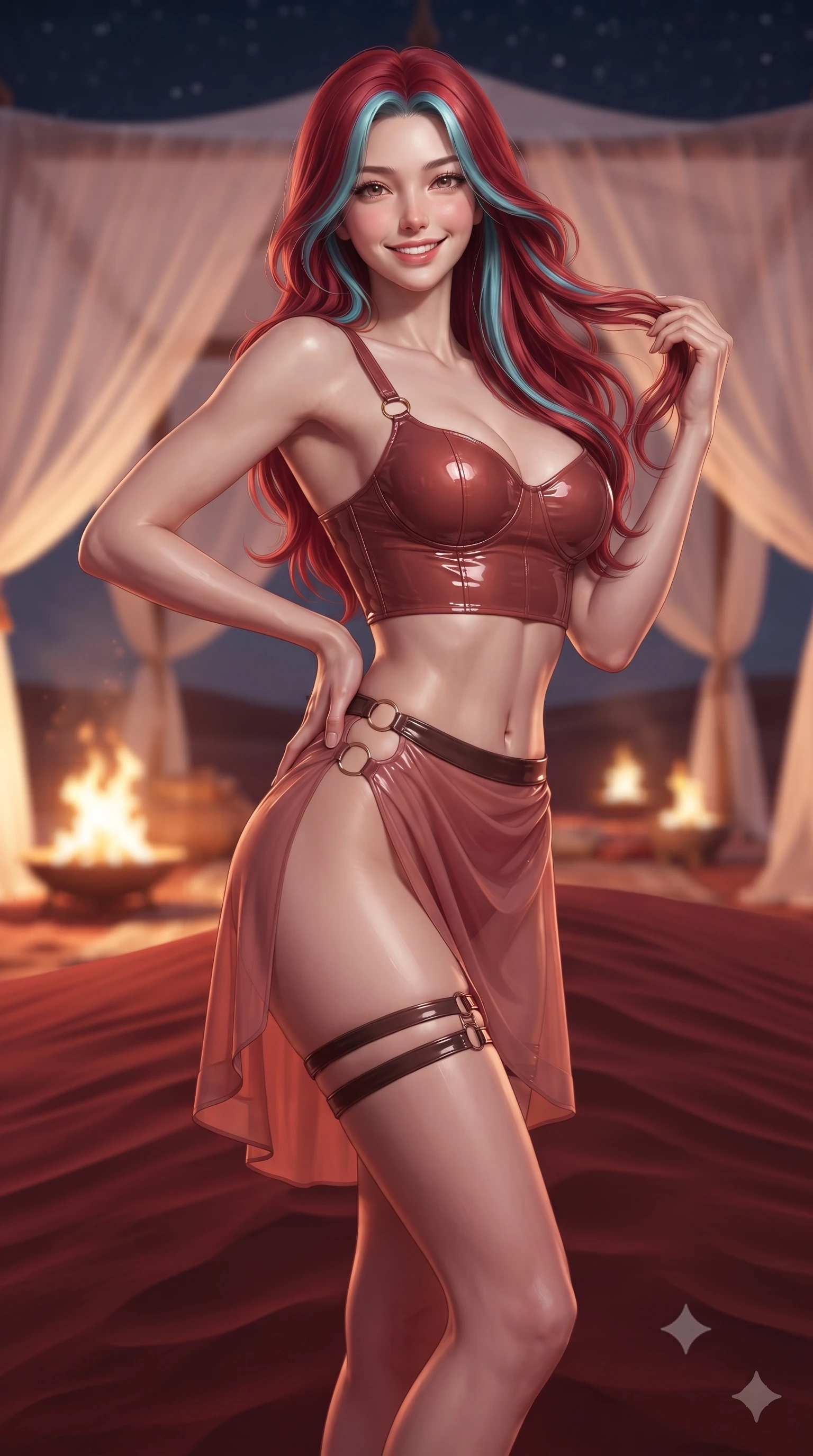 score_9, masterpiece, best quality, ultra-detailed, high-budget anime keyframe, editorial fashion photography, tasteful artistic composition, Caucasian woman. close-up cowboy shot from the waist and thighs up, the character dominates the composition, filling the frame with her large presence. twisting her slender torso in an alluring contrapposto stance, one hand resting on her sculpted hip while her fingers toy with her hair with effortless poise while standing poised atop the crest of a wind-sculpted red desert dune, arching her lower back as sunset winds flutter her gown around her slender legs. The background shows a soft-focus billowing sheer white tent canopies softened in exotic Arabian Nights romance shallow focus. She has an exceptionally elegant, slender, and willowy female figure with an ultra-slim waist, flat toned midriff, narrow ribcage, and sculpted feminine hips creating an alluring, slim hourglass silhouette without bulk. sharp v-shaped jawline, high-bridge nose, intricate jewel-like sparkling eyes with depth, thick eyelashes, glossy parted lips with a natural peach sheen, bright cheerful beaming smile with an enchanting and coquettish sensual glint, exuding both youthful cute charm and seductive allure, flawlessly proportioned anatomical accuracy, strict slender model proportions, natural body alignment, perfectly sculpted long slender limbs, ultra-slim waistline, clean dynamic posture without body distortion. wearing a wet-look form-fitting vinyl bustier paired with a high-slit sheer-layered wrap mini skirt and thigh-strap accents in Milanese terracotta rose and warm espresso, crafted from high-tensile reflective patent leather with sleek specular highlights, finished with fine gold ring clasps securing the daring side openings along her hip line, the precision-cut side openings and low-back scoop framing her graceful spine and the sensual sweep of her slim, toned hips. bathed in the dramatic warm 2200K glow of dancing fire pits contrasted with cool desert starlight. ultra-reflective glossy finish, specular highlights, rich textural contrasts, high-contrast stereoscopic depth, volumetric dynamic lighting, 2k, ultra detail, master piece, 9:16 ratio