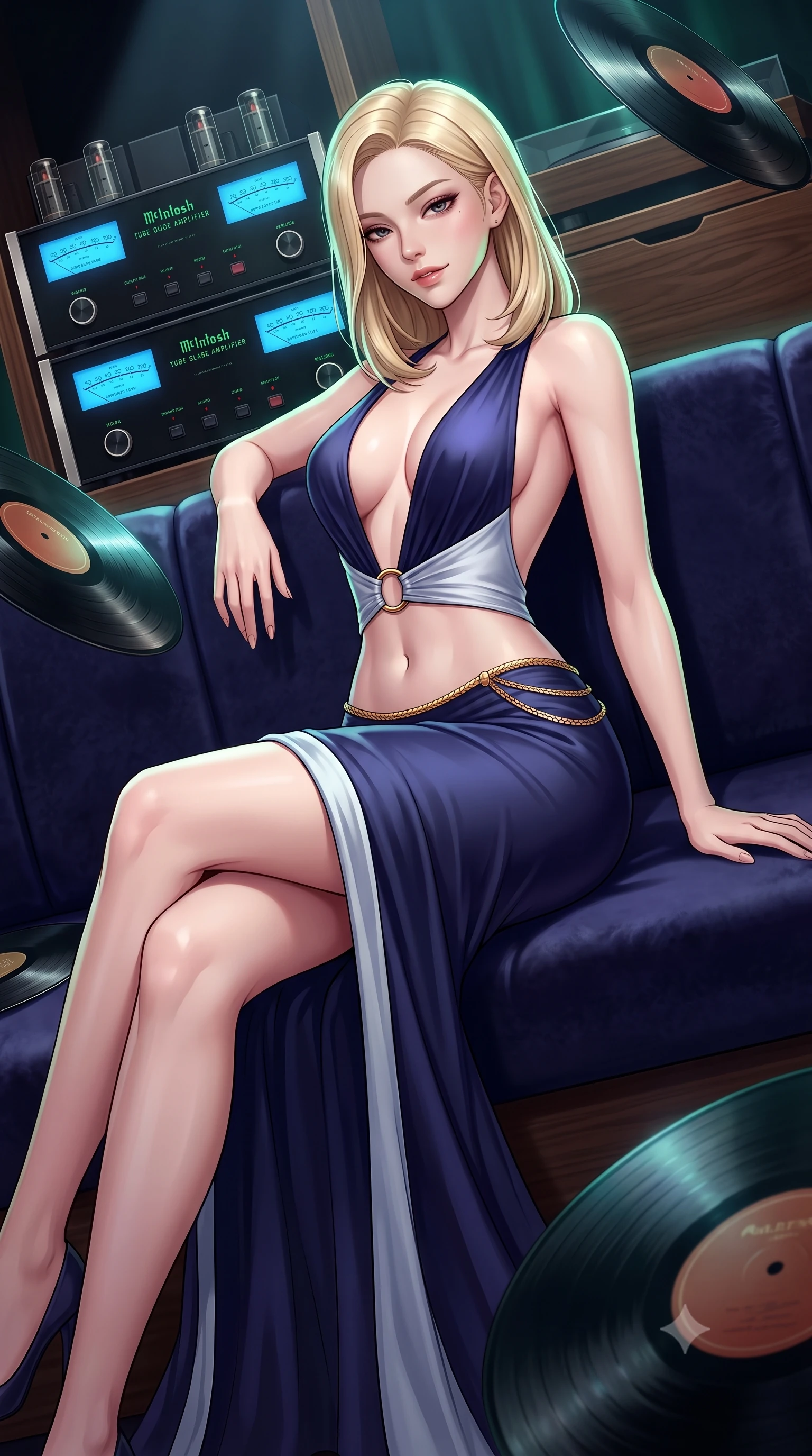 score_9, masterpiece, best quality, ultra-detailed, high-budget anime keyframe, semi-realistic 3D game render, editorial fashion photography, tasteful artistic composition, Korean woman. low angle full-body shot from head to toe showing her feet, filling the entire 9:16 vertical frame with her statuesque presence, stretching her vertical silhouette. reclining languidly across the velvet banquette with one knee bent and hips angled toward the camera, displaying her toned midriff and long slender limbs with effortless sensual charisma while standing poised beside the massive McIntosh tube amplifier rack with hips cocked back, casting an intoxicating bedroom-gaze past floating vinyl records. The surrounding environment is rendered in vivid detail and crisp panoramic clarity. sharp McIntosh glass faceplate dials, walnut wood diffuser grain, and vinyl record groove glints in deep focus. She has an exceptionally tall and slender model-like 8.5-heads proportion, an ultra-slim waist, a flat toned midriff, narrow delicate ribcage, and beautifully sculpted feminine hips creating a graceful, slim hourglass silhouette without any bulky heaviness, with impossibly long slender legs. sharp v-shaped jawline, high-bridge nose, intricate jewel-like dark sparkling eyes with dangerous depth, thick curled eyelashes, glossy parted lips with a rich wine sheen, smoldering seductive half-smile with bedroom-eyes, exuding effortless superiority and intoxicating dark allure, flawlessly proportioned anatomical accuracy, strict slender model proportions, natural body alignment, perfectly sculpted long slender limbs, ultra-slim waistline, clean dynamic posture without body distortion. wearing a deep plunging-V silk jersey evening gown with an open back scoop and waist-cinching gold ring in midnight indigo and icy platinum, made of liquid-tight stretch jersey emphasizing every curve of her body, finished with a delicate gold snake chain belt resting loosely across her curvy hips, the form-contouring cut accentuating her sculpted flat midriff, narrow delicate ribcage, and gracefully curvy hips with sovereign high-fashion precision. illuminated by focused spotlight key lights and subtle emerald rim lighting sharply defining her razor-sharp jawline, narrow waist, and curvy hips. highly saturated vibrant anime colors, detailed shading with soft gradients, rich glossy textures, high-contrast stereoscopic depth, volumetric dynamic lighting, master piece, 9:16 ratio