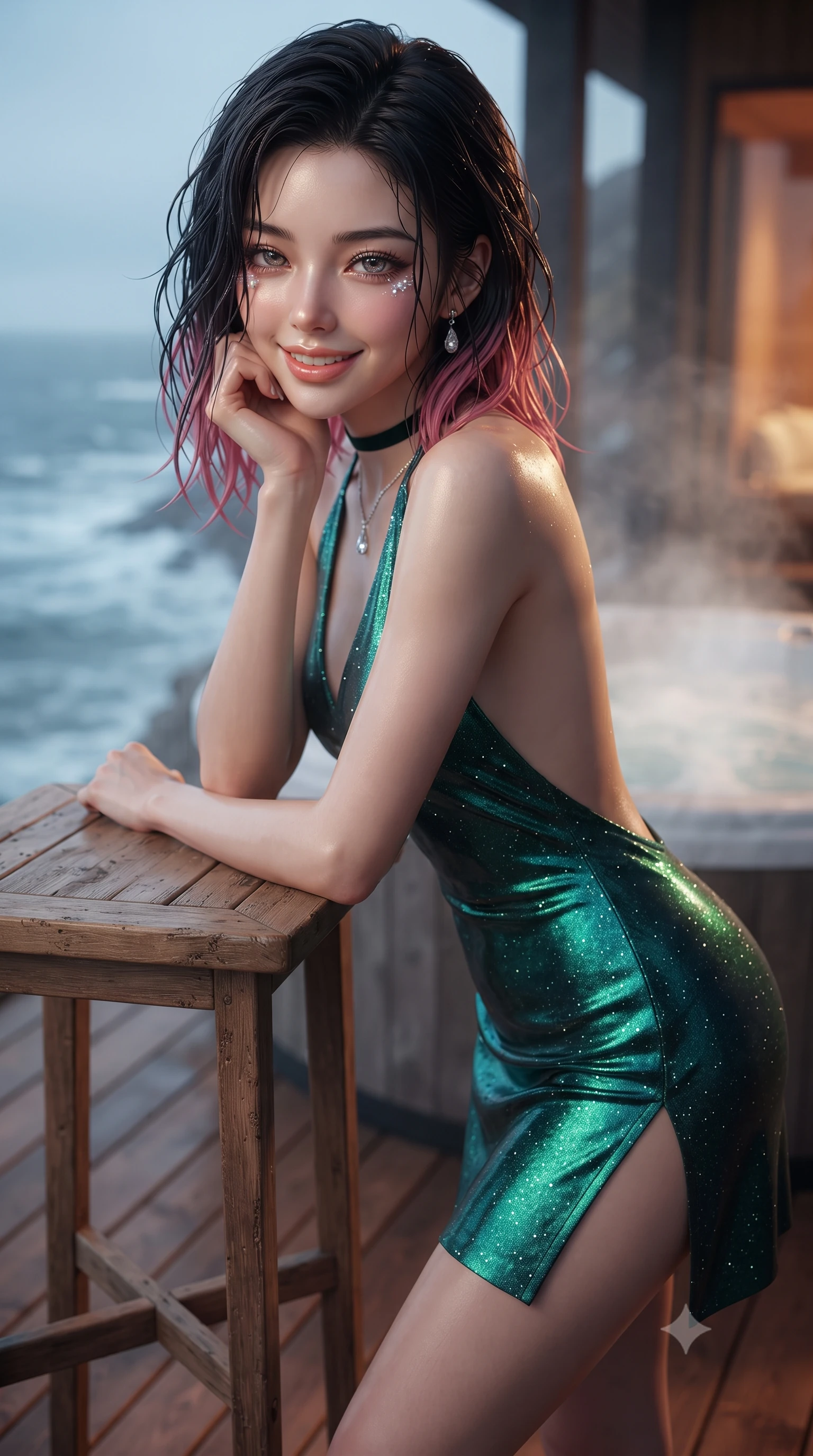 score_9, masterpiece, best quality, ultra-detailed, high-budget anime keyframe, editorial fashion photography, tasteful artistic composition, Korean woman. close-up cowboy shot from the waist and thighs up, the character dominates the composition, filling the frame with her large presence. resting one elbow on the table and supporting her chin, leaning close to the camera with heavy-lidded sparkling eyes and parted lips while standing poised on the aromatic red cedar deck cantilevered over the foaming Arctic ocean, arching her spine with wet-look siren charisma as sea breezes toss her hair. The background shows a soft-focus swirling thermal hot tub steam softened in ultra-luxury Nordic cliffside spa shallow focus. She has an exceptionally elegant, slender, and willowy female figure with an ultra-slim waist, flat toned midriff, narrow ribcage, and sculpted feminine hips creating an alluring, slim hourglass silhouette without bulk. sharp v-shaped jawline, high-bridge nose, intricate jewel-like sparkling eyes with depth, thick eyelashes, glossy parted lips with a natural peach sheen, bright cheerful beaming smile with an enchanting and coquettish sensual glint, exuding both youthful cute charm and seductive allure, flawlessly proportioned anatomical accuracy, strict slender model proportions, natural body alignment, perfectly sculpted long slender limbs, ultra-slim waistline, clean dynamic posture without body distortion. wearing a provocative backless halterneck silk lamé mini dress with deep scoop back down to her lower spine and thigh-high slit in Arctic aurora borealis emerald and starlight diamond, woven from buttery-soft stretch lambskin leather adhering to her body like a second skin, finished with a thin velvet ribbon choker and a single teardrop diamond pendant, the liquid-tight tailored fabric clinging flawlessly to her narrow waist and rounded feminine hips, emphasizing every millimeter of her sculpted slim hourglass curves without any bulky heaviness. bathed in warm 2200K interior sauna amber glows spilling through glass mixed with cool Arctic twilight. ultra-reflective glossy finish, specular highlights, rich textural contrasts, high-contrast stereoscopic depth, volumetric dynamic lighting, 2k, ultra detail, master piece, 9:16 ratio