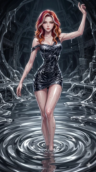 score_9, masterpiece, best quality, ultra-detailed, High-budget Anime Keyframe, East Asian woman. Dynamic full-body shot stretching the vertical silhouette to the limit. Scenario 4: Rising from a pool of mercury-like liquid, droplets rolling off her 