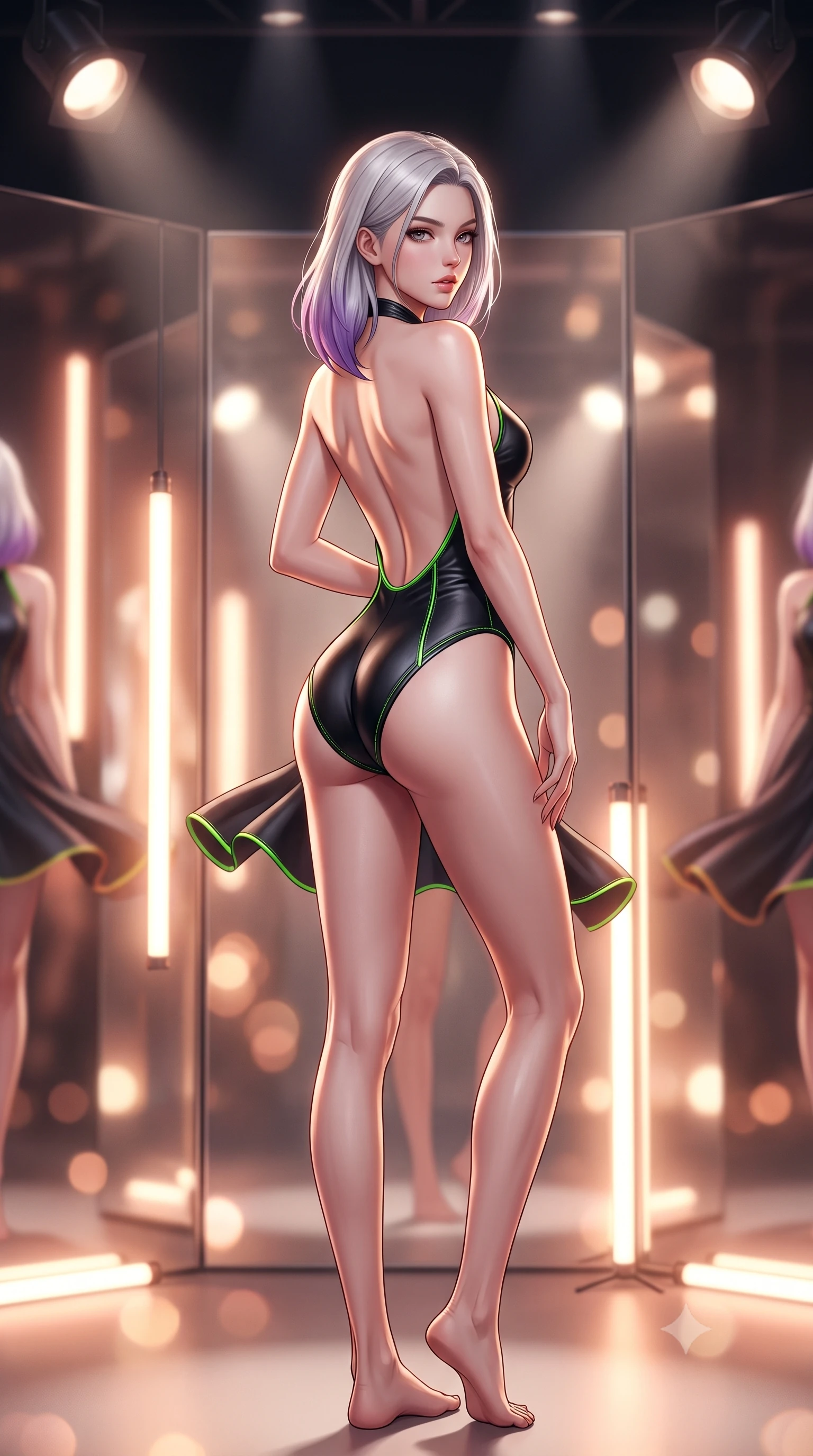 score_9, masterpiece, best quality, ultra-detailed, high-budget anime keyframe, semi-realistic 3D game render, editorial fashion photography, tasteful artistic composition, Caucasian woman. low angle full-body shot from head to toe showing her feet, filling the entire 9:16 vertical frame with her statuesque presence, stretching her vertical silhouette. executing an elegant mid-motion pivot turn as garments swirl around her slender limbs, glancing over her shoulder with an intoxicating bedroom-gaze while standing with her back to the floor-to-ceiling mirror, looking over her bare shoulder with hips cocked dramatically in an alluring high-fashion stance. The composition keeps background elements in soft focus with creamy bokeh. infinite studio mirror reflections and warm vertical light tubes blurred into glowing amber, rose-gold, and ivory bokeh. She has an absolutely perfect, statuesque 8.5-heads proportion, an exceptionally tall and slender model-like female figure with impossibly long slender legs, a toned flat midriff, an ultra-slim waist, and beautifully sculpted feminine hips. sharp v-shaped jawline, high-bridge nose, intricate jewel-like eyes with depth, thick eyelashes, glossy parted lips with a natural sheen, intensely captivating and seductive bedroom-eyes expression, flawlessly proportioned anatomical accuracy, strict slender model proportions, natural body alignment, perfectly sculpted long slender limbs, ultra-slim waistline, clean dynamic posture without body distortion. wearing a form-contouring halter dance leotard with an open scooped back and high-cut leg openings in pitch black with gloss neon piping, tailored from supple stretch leather with precision-stitched seams, finished with high-cut leg elastic bands defining her long leg lines, the liquid-tight tailored fabric clinging flawlessly to her narrow waist and rounded feminine hips, emphasizing every millimeter of her sculpted hourglass curves during movement. bathed in warm floor-level uplighting and dramatic overhead theatrical spotlights. highly saturated vibrant anime colors, detailed shading with soft gradients, rich glossy textures, high-contrast stereoscopic depth, volumetric dynamic lighting, master piece, 9:16 ratio