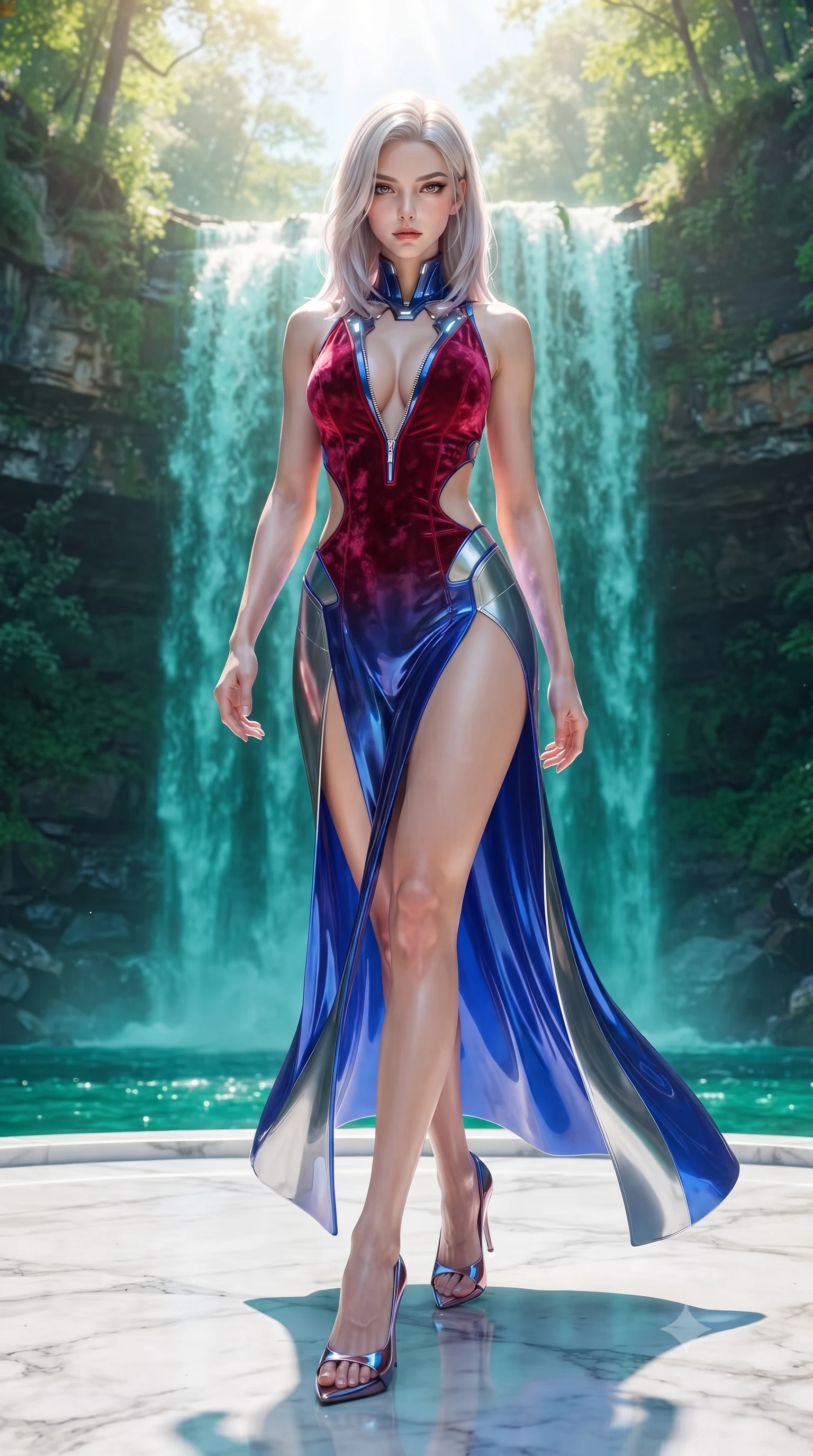 score_9, masterpiece, best quality, ultra-detailed, high-budget anime keyframe, editorial fashion photography, tasteful artistic composition, Caucasian woman. low angle full-body shot from head to toe showing her feet, filling the entire 9:16 vertical frame with her statuesque presence, stretching her vertical silhouette. striding forward in a proud, statuesque motion with a dangerous smolder, her vertical silhouette dominating the frame from head to toe while standing beneath a sun-drenched cascading waterfall of pure emerald water on a polished white marble dais. The surrounding environment is rendered in vivid detail and crisp panoramic clarity. vibrant natural colors and deep environmental chiaroscuro captured with precision. She has an absolutely perfect, statuesque 8.5-heads proportion, an exceptionally tall and slender model-like female figure with impossibly long slender legs, a toned flat midriff, and an ultra-slim waist. sharp v-shaped jawline, high-bridge nose, intricate jewel-like eyes with depth, thick eyelashes, glossy lips with a natural sheen, flawlessly proportioned anatomical accuracy, strict slender model proportions, natural body alignment, perfectly sculpted long slender limbs, ultra-slim waistline, clean dynamic posture without body distortion. wearing a backless crimson crushed velvet gown with a deep plunging V-neckline, strategic hip cutouts, and an ultra-high thigh slit in liquid electric cobalt blue and polished silver, tailored from semi-translucent cybernetic vinyl with glowing micro-filaments, featuring a dangerously unzipped neckline framed by glowing cybernetic accents, the form-contouring material adhering flawlessly to her sculpted flat midriff and slender torso, emphasizing her long leg lines and perfectly proportioned willowy build. surrounded by a pristine, refreshing, and intensely seductive natural sanctuary atmosphere. ultra-reflective glossy finish, specular highlights, metallic sheen, high-contrast stereoscopic depth, volumetric dynamic lighting, 2k, ultra detail, master piece, 9:16 ratio