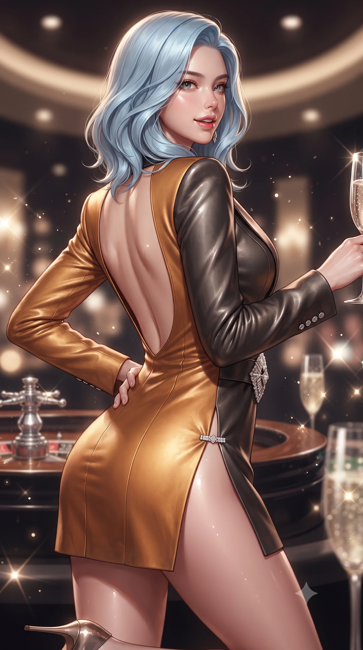 score_9, masterpiece, best quality, ultra-detailed, high-budget anime keyframe, editorial fashion photography, tasteful artistic composition, Korean woman. close-up cowboy shot from the waist and thighs up, the character dominates the composition, filling the frame with her large presence. posing in an alluring rear three-quarter angle, arching her lower back in a pronounced S-curve with one hand on her hip, glancing seductively over her bare shoulder with parted glossy lips while twisting her slender torso in a deep contrapposto stance beside the private casino bar, glancing over her shoulder with an audacious, teasing smirk. The composition keeps background elements in soft focus with creamy bokeh. crystal champagne bubbles and roulette wheel chrome reflections scattering sparkling light motes. She has an exceptionally elegant, slender, and willowy female figure with an ultra-slim waist, a gracefully sculpted slender torso, toned flat midriff, and rounded feminine hips creating an alluring hourglass silhouette. sharp v-shaped jawline, high-bridge nose, intricate jewel-like eyes with depth, thick eyelashes, glossy parted lips with a natural sheen, intensely captivating and seductive bedroom-eyes expression, flawlessly proportioned anatomical accuracy, strict slender model proportions, natural body alignment, perfectly sculpted long slender limbs, ultra-slim waistline, clean dynamic posture without body distortion. wearing a tailored tuxedo jacket dress with satin lapels, worn with a deep plunge neckline and diamond hip buckle in molten amber-gold and dark gunmetal, crafted from second-skin supple lambskin leather with specular sheen, finished with an ultra-high side slit secured by miniature jeweled clasps, the dramatically scooped open back descending to the base of her spine, accentuating her razor-sharp statuesque lines and curvy hourglass silhouette. surrounded by an elite, intoxicating, and irresistibly glamorous Monte Carlo heiress aura. ultra-reflective glossy finish, specular highlights, rich textural contrasts, high-contrast stereoscopic depth, volumetric dynamic lighting, 2k, ultra detail, master piece, 9:16 ratio