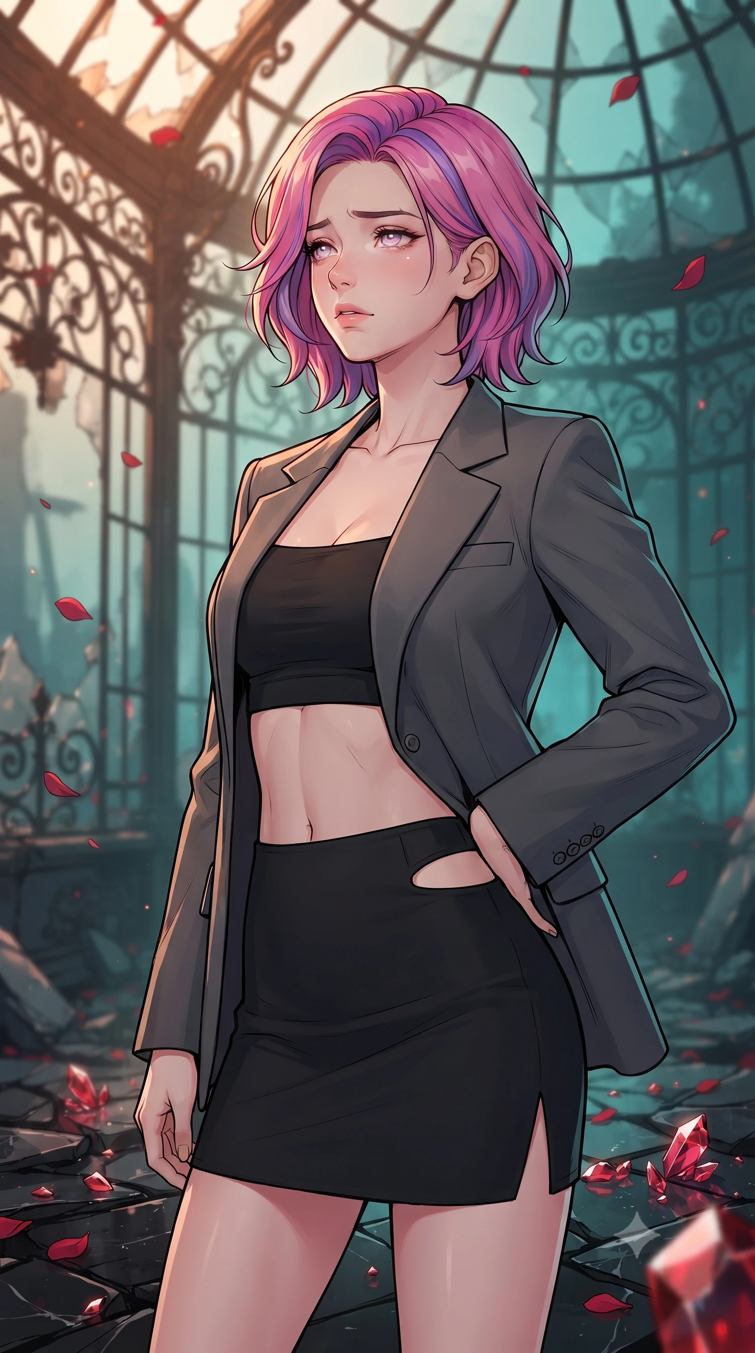 score_9, masterpiece, best quality, ultra-detailed, high-budget anime keyframe, gorgeous anime illustration, with clean line-art and distinct ink outlines, Caucasian woman, strictly human ears. close-up cowboy shot from the waist and thighs up, the character dominates the composition, filling the frame with her large presence, background elements kept in soft focus. Gazing into the distance with a wistful melancholic expression and softly glowing eyes. set against a soft-focus background of in a ruin of a greenhouse where roses have turned to red crystal and shattered fragments lie scattered on black marble, red rose petals frozen mid-fall in the air. She has an exceptionally elegant and slender, willowy female figure with an ultra-slim waist, a gracefully sculpted slender torso, and a refined slim physique. sharp v-shaped jawline, high-bridge nose, intricate jewel-like eyes with depth, thick eyelashes, glossy lips with a natural sheen. wearing a structured blazer in charcoal grey worn open over a black crop top and matching mini skirt with side cutout. warm amber rim lighting combined with cool teal fill light creating dramatic contrast. 2k, ultra detail, master piece, 9:16 ratio, vibrant anime color palette, detailed cel-shading with soft gradients, rich contrast, dynamic lighting, 2d animation style