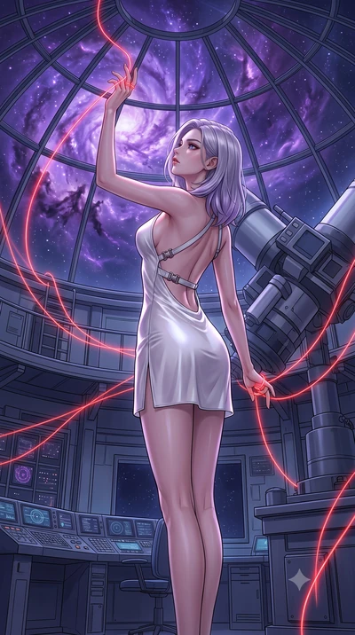score_9, masterpiece, best quality, ultra-detailed, High-budget Anime Keyframe, Caucasian woman, strictly human ears. Dynamic full-body shot stretching the vertical silhouette to the limit. Scenario 521: tracing a glowing red thread of fate with her 