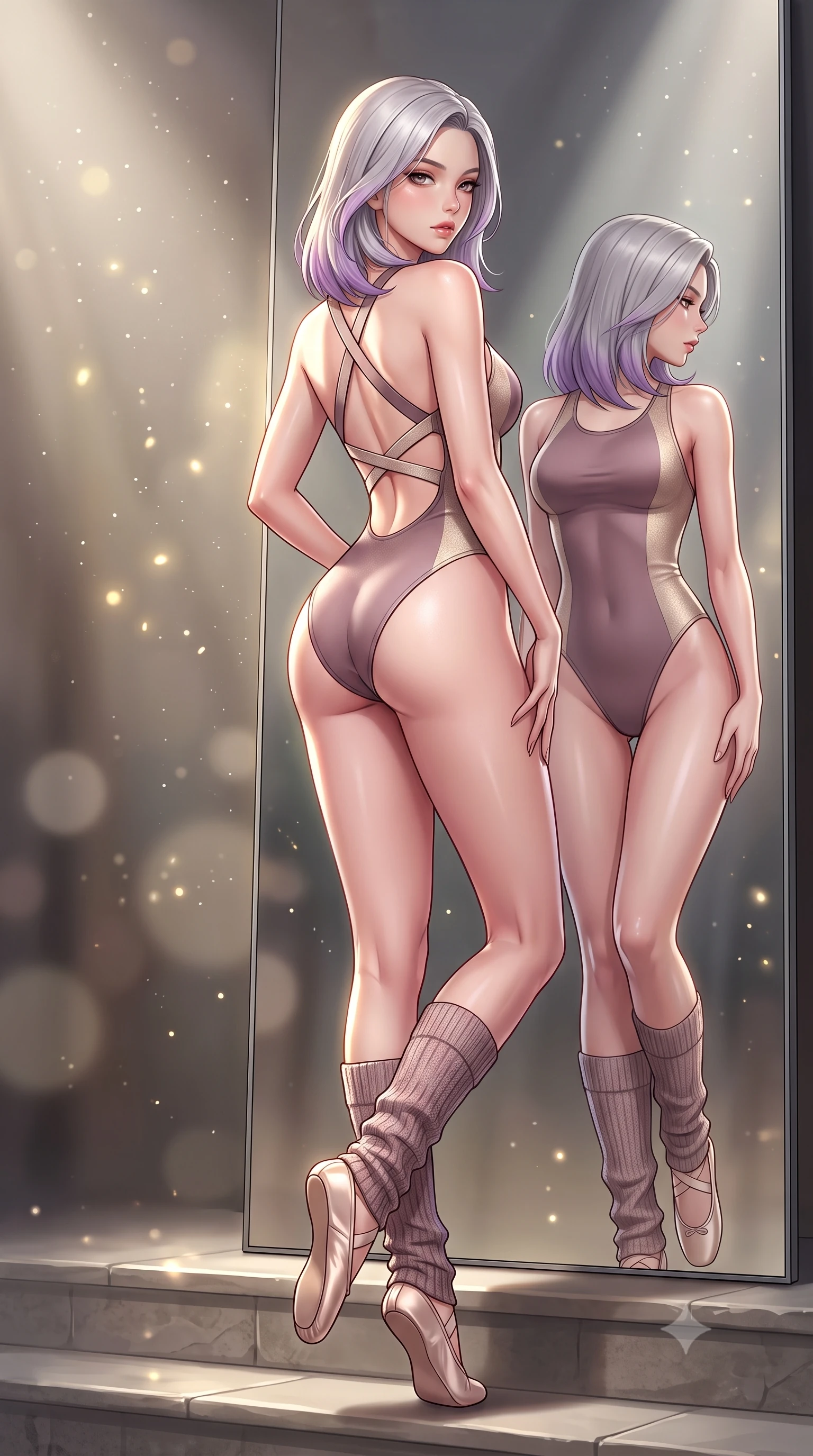 score_9, masterpiece, best quality, ultra-detailed, high-budget anime keyframe, semi-realistic 3D game render, editorial fashion photography, tasteful artistic composition, Caucasian woman. low angle full-body shot from head to toe showing her feet, filling the entire 9:16 vertical frame with her statuesque presence, stretching her vertical silhouette. sitting perched on the elevated ledge with hips angled toward the camera and legs crossed, displaying her toned midriff and flawlessly sculpted slender limbs while standing with her back to the floor-to-ceiling mirror, looking over her bare shoulder with hips cocked dramatically in an alluring high-fashion stance. The composition keeps background elements in soft focus with creamy bokeh. floating micro-chalk particles and spotlight beams scattering luminous golden light motes. She has an absolutely perfect, statuesque 8.5-heads proportion, an exceptionally tall and slender model-like female figure with impossibly long slender legs, a toned flat midriff, an ultra-slim waist, and beautifully sculpted feminine hips. sharp v-shaped jawline, high-bridge nose, intricate jewel-like eyes with depth, thick eyelashes, glossy parted lips with a natural sheen, intensely captivating and seductive bedroom-eyes expression, flawlessly proportioned anatomical accuracy, strict slender model proportions, natural body alignment, perfectly sculpted long slender limbs, ultra-slim waistline, clean dynamic posture without body distortion. wearing a modern athletic monokini leotard with criss-cross back harness straps and high-hip cut in dusty mauve and champagne shimmer, made of seamless compression knit with anatomical body-contouring support, accessorized with knitted leg warmers and delicate satin ballet slippers, the glove-like aerodynamic silhouette tightly following the natural contour of her hips and long slender legs with statuesque precision. illuminated by crisp specular rim lights accentuating her narrow waist, curved hips, and long legs. highly saturated vibrant anime colors, detailed shading with soft gradients, rich glossy textures, high-contrast stereoscopic depth, volumetric dynamic lighting, master piece, 9:16 ratio