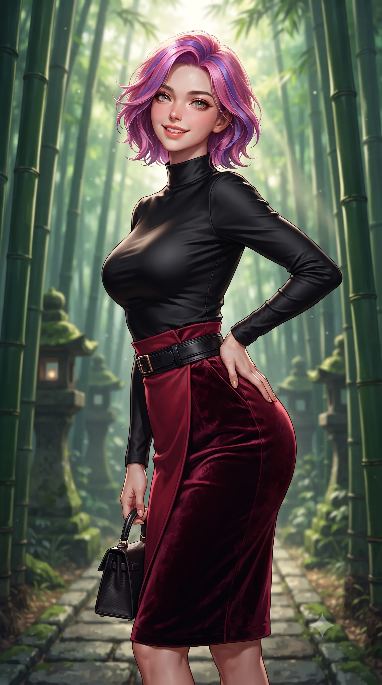 score_9, masterpiece, best quality, ultra-detailed, high-budget anime keyframe, editorial fashion photography, tasteful artistic composition, Caucasian woman. close-up cowboy shot from the waist and thighs up, the character dominates the composition, filling the frame with her large presence. arching her lower back slightly with one hand resting on her sculpted hip, looking into the camera with an enchanting and coquettish smile while standing poised between towering emerald bamboo stalks, looking back along the stone pathway with an enchanting, radiant smile. The background shows a soft-focus ancient mossy stone lanterns softened in mystical Japanese natural sanctuary shallow focus. She has an exceptionally elegant, slender, and willowy female figure with an ultra-slim waist, flat toned midriff, narrow ribcage, and sculpted feminine hips creating an alluring, slim hourglass silhouette without bulk. sharp v-shaped jawline, high-bridge nose, intricate jewel-like sparkling eyes with depth, thick eyelashes, glossy parted lips with a natural peach sheen, bright cheerful beaming smile with an enchanting and coquettish sensual glint, exuding both youthful cute charm and seductive allure, flawlessly proportioned anatomical accuracy, strict slender model proportions, natural body alignment, perfectly sculpted long slender limbs, ultra-slim waistline, clean dynamic posture without body distortion. wearing a tight-fitting mock-neck silk jersey top paired with a high-waisted wrap pencil skirt cinched with an obi-inspired leather belt in Kyoto autumn maple crimson and deep ink black, crafted from fluid liquid velvet offering rich tactile depth while adhering to her hourglass shape, finished with a structured leather micro-bag held lightly at her hip, the glove-like clinging cut tightly following the natural contour of her hips and long slender legs with youthful 8.5-heads elegance. bathed in ethereal shafts of morning sunlight (komorebi) piercing through dense emerald bamboo canopies. ultra-reflective glossy finish, specular highlights, rich textural contrasts, high-contrast stereoscopic depth, volumetric dynamic lighting, 2k, ultra detail, master piece, 9:16 ratio