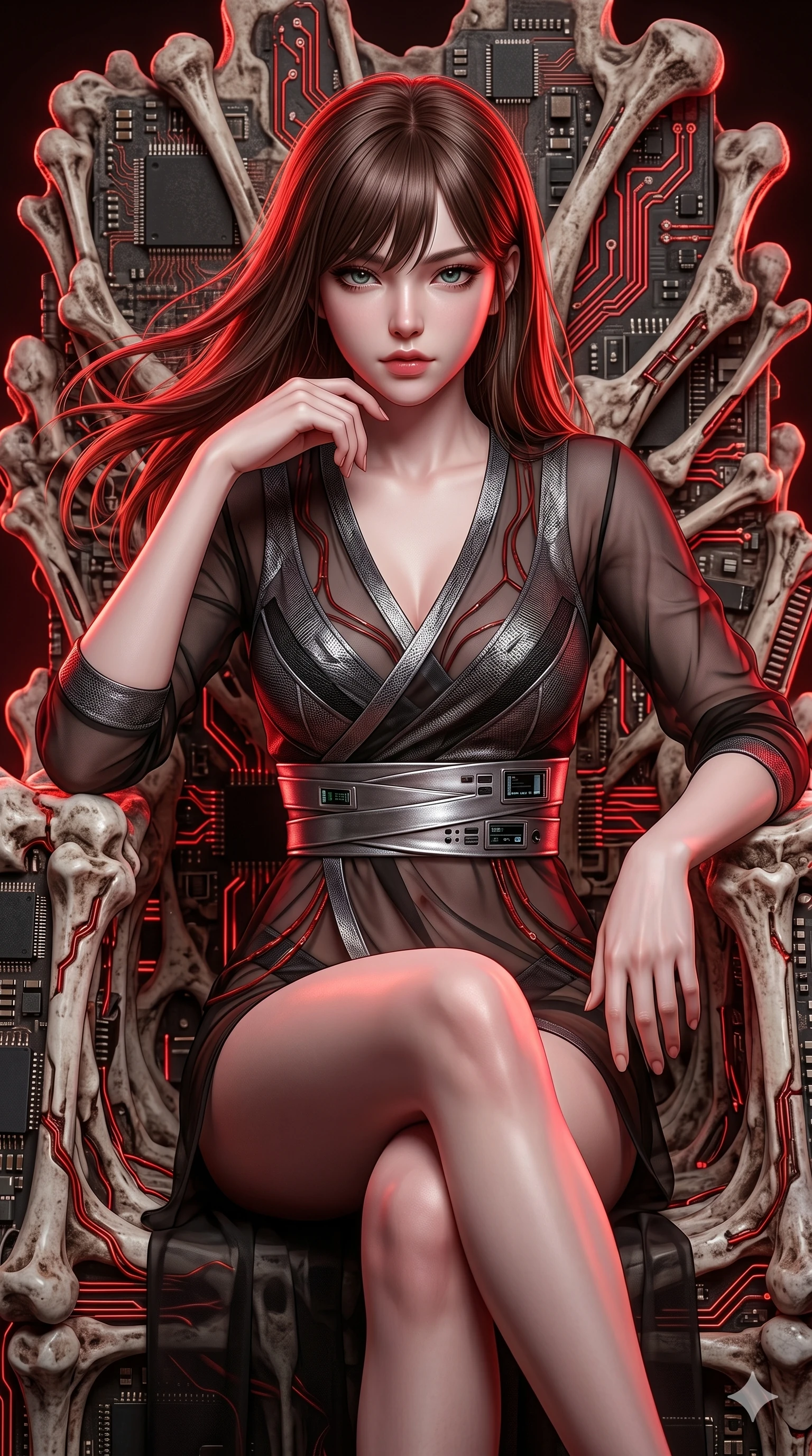 score_9, masterpiece, best quality, ultra-detailed, high-budget anime keyframe, semi-realistic 3D game render, Korean woman. Upper body close-up from the thighs up, character filling the screen for maximum presence. She is seated dynamically on a throne of calcified logic boards and glowing red circuits. She leans forward with a dangerous, enticing smolder, resting one elbow on her knee. She has an absolutely perfect 8-heads proportion, an exceptionally tall and slender female figure with impossibly long slender legs and an ultra-slim waist. V-shaped jawline, high-bridge nose, intricate jewel-like eyes with depth, thick eyelashes, glossy lips with a natural sheen. She is wearing a shortened cyber-fusion wrap top with transparent chiffon panels, a deep crossover neckline, and a high-waisted metallic sash that accentuates her ultra-slim waist. The scene is bathed in bright white studio flash light and sharp crimson rim lighting outlining her silhouette. 2k, ultra detail, master piece, 9:16 ratio